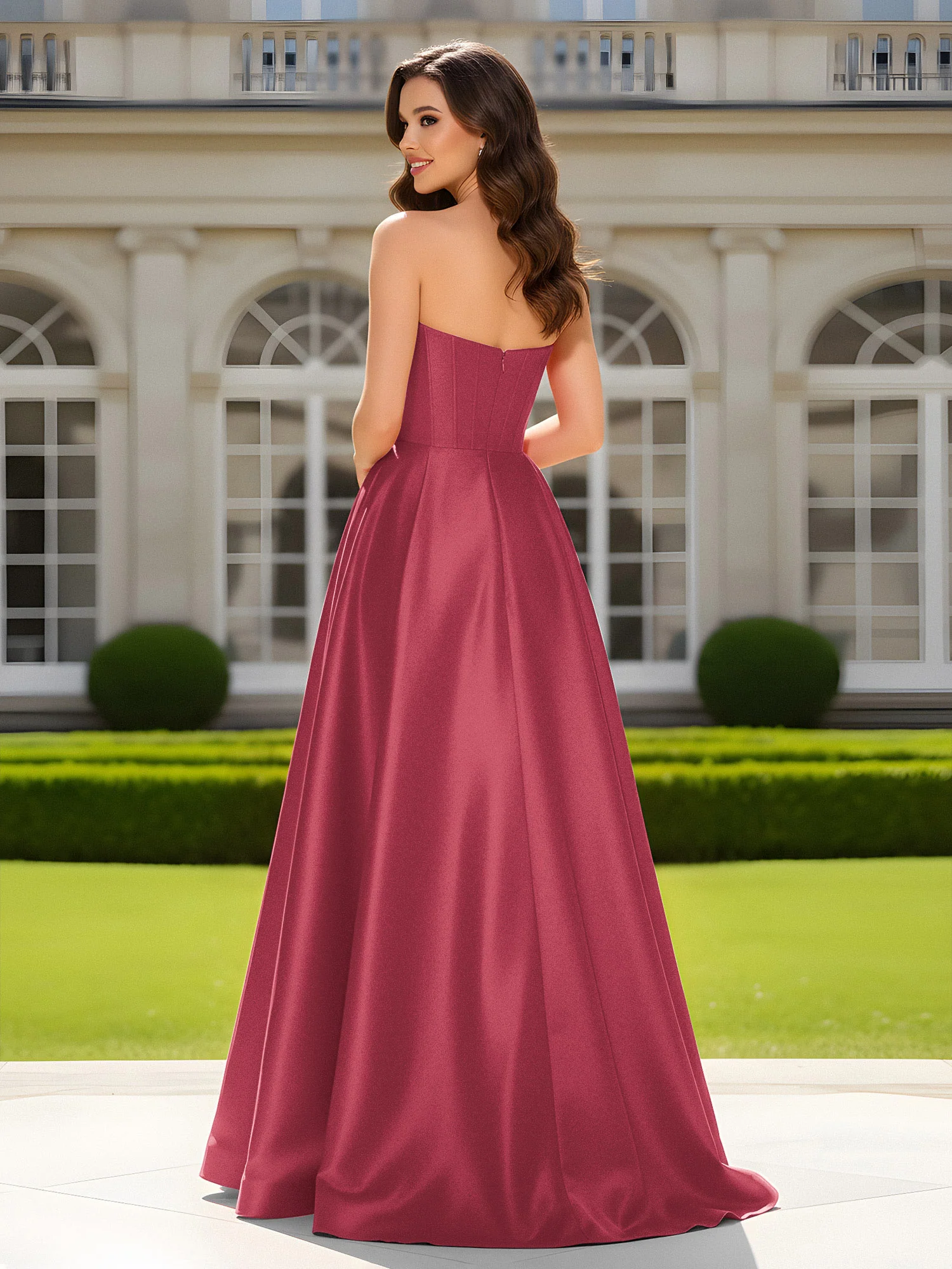 Sweetheart Neck A-Line Satin Maxi Dress With Slit Cinnamon Rose - Image 2