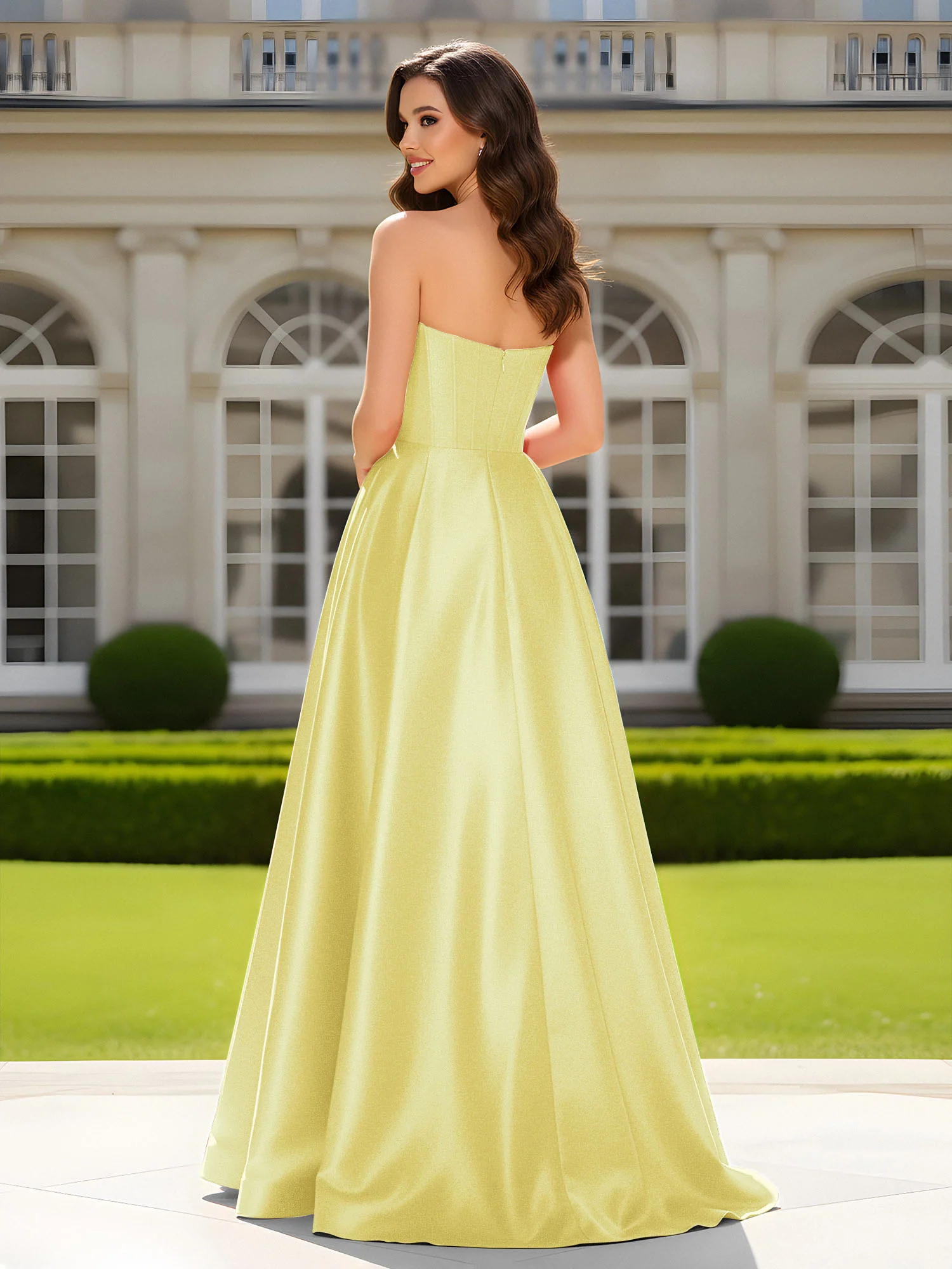 Sweetheart Neck A-Line Satin Maxi Dress With Slit Daffodil - Image 2