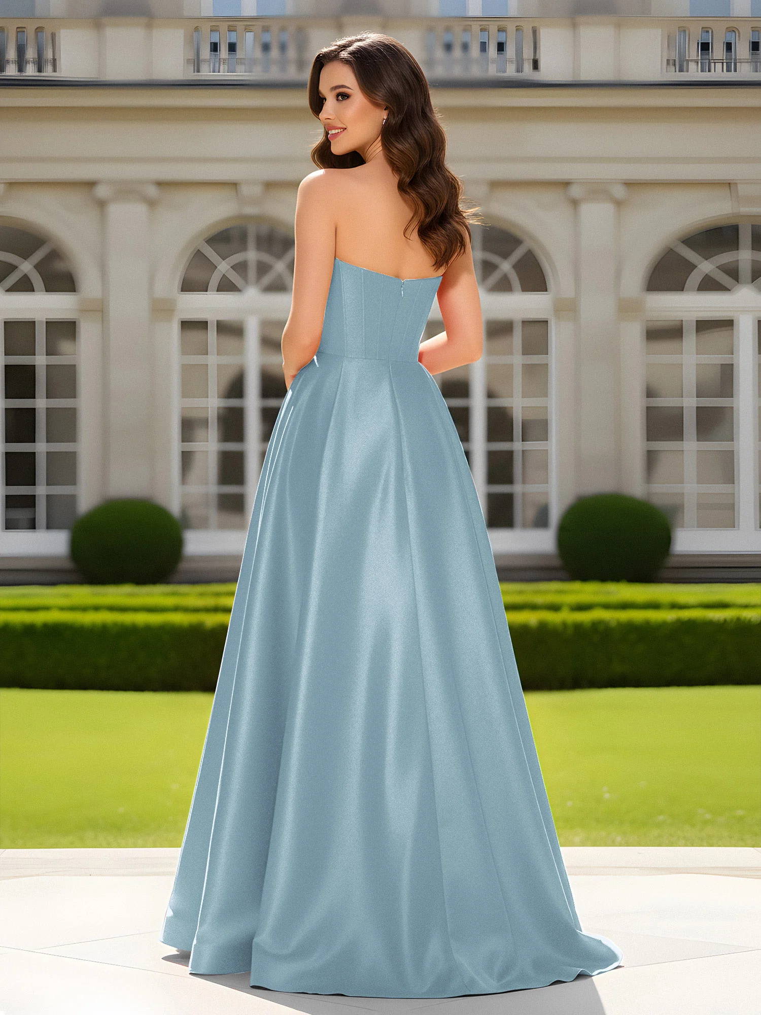 Sweetheart Neck A-Line Satin Maxi Dress With Slit Dusty Blue - Image 2