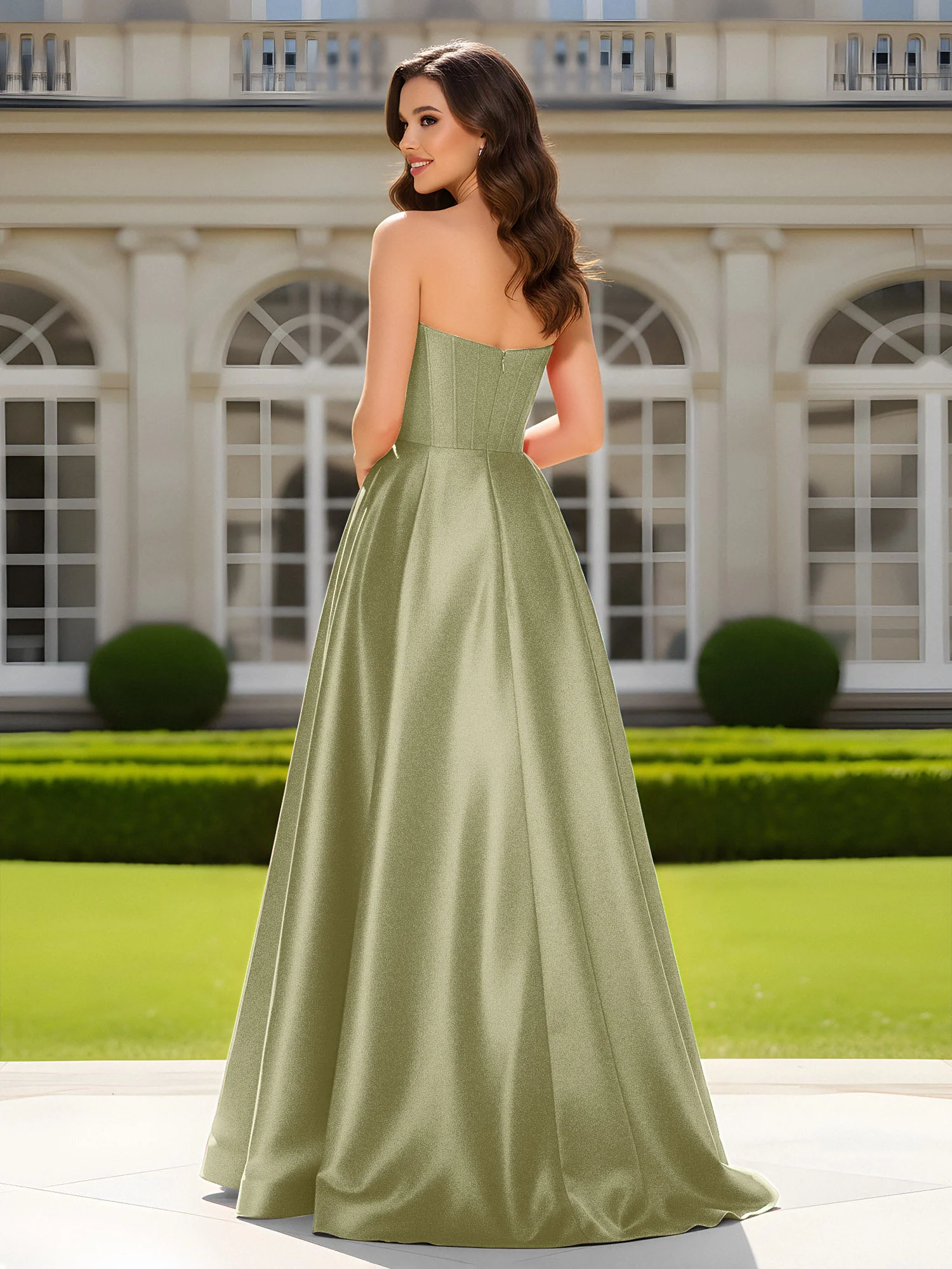 Sweetheart Neck A-Line Satin Maxi Dress With Slit Dusty Sage - Image 2