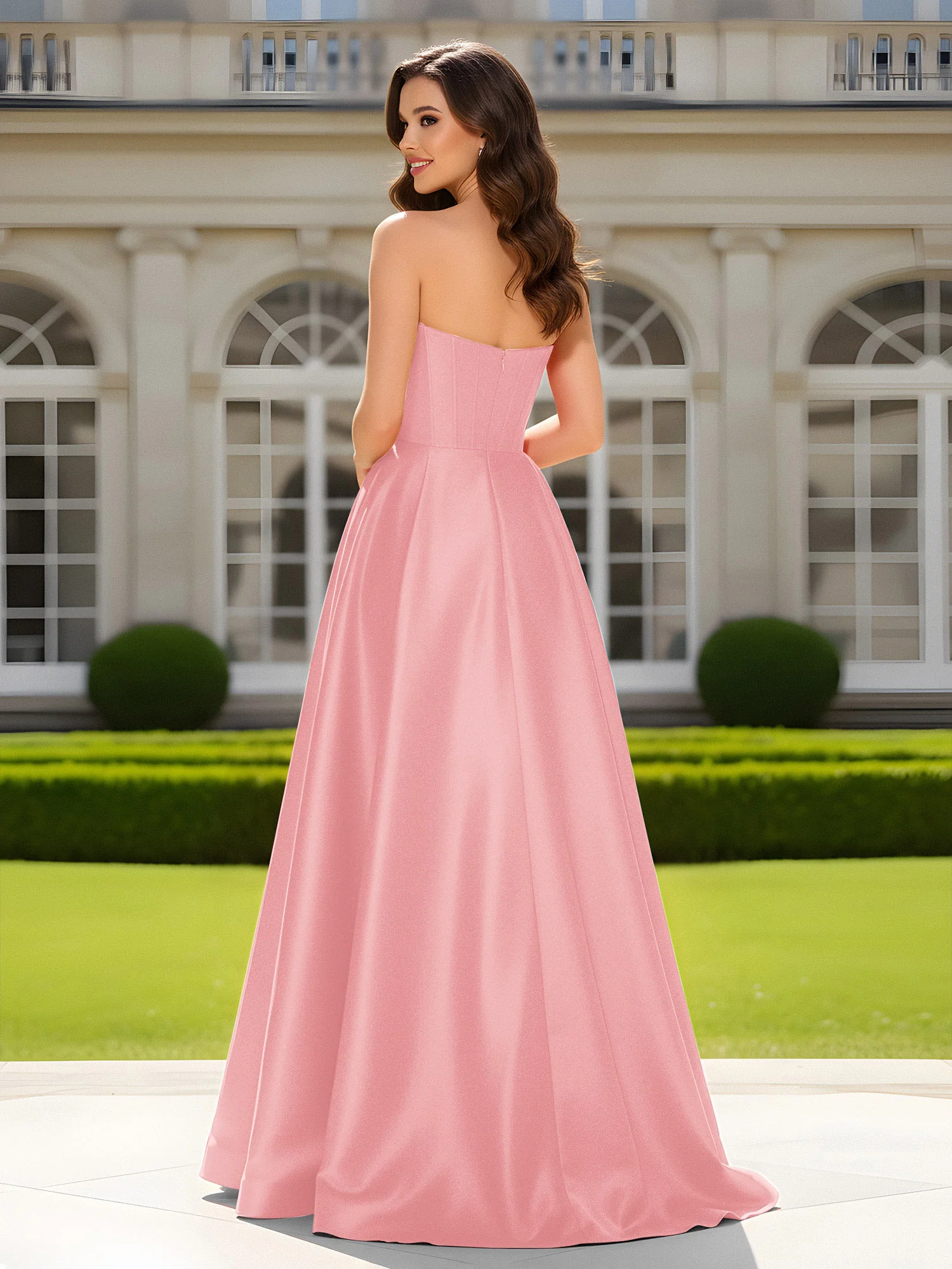 Sweetheart Neck A-Line Satin Maxi Dress With Slit Flamingo - Image 2