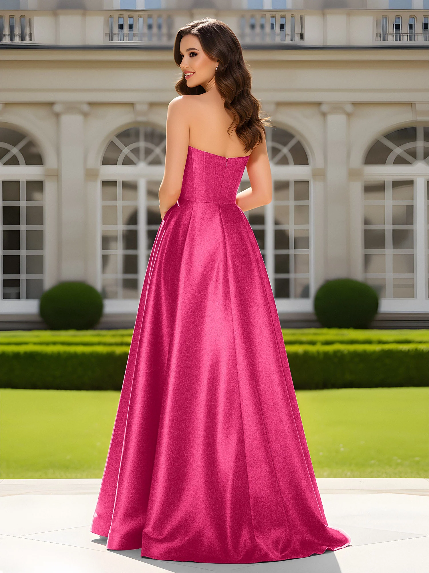 Sweetheart Neck A-Line Satin Maxi Dress With Slit Fuchsia - Image 2