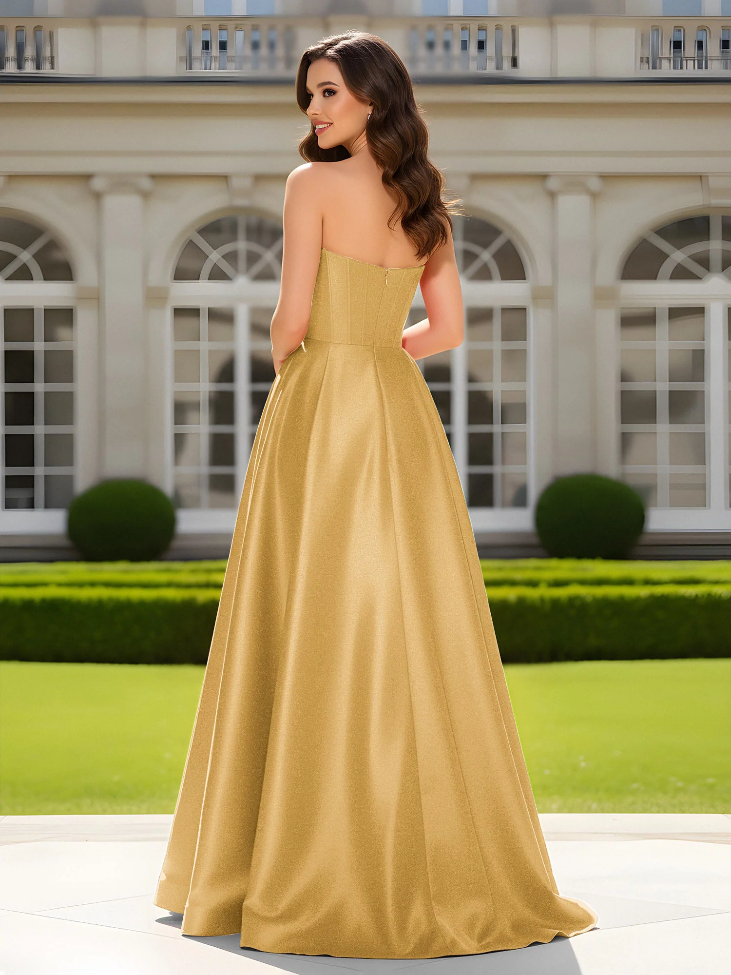 Sweetheart Neck A-Line Satin Maxi Dress With Slit Gold - Image 2
