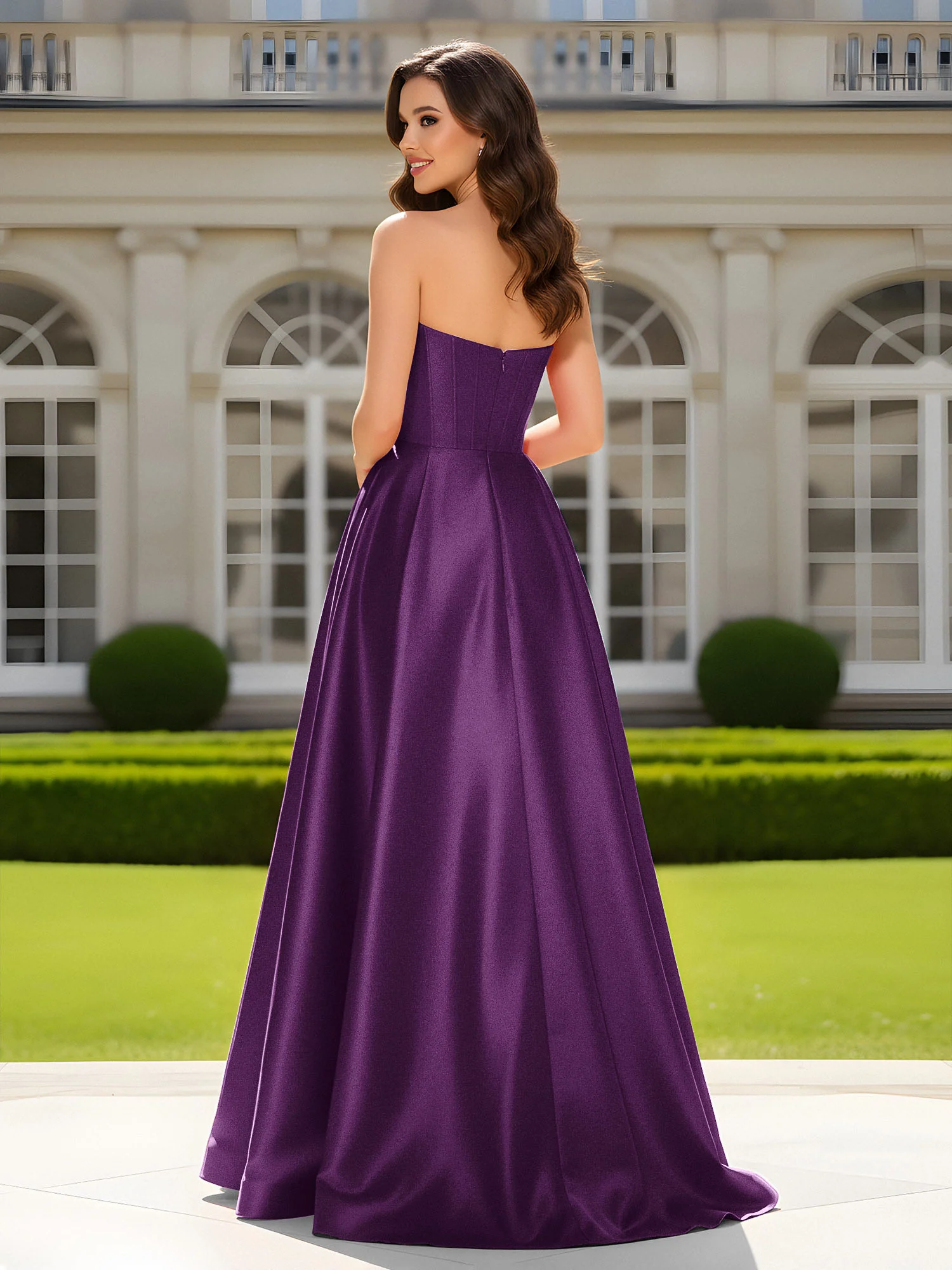 Sweetheart Neck A-Line Satin Maxi Dress With Slit Grape - Image 2