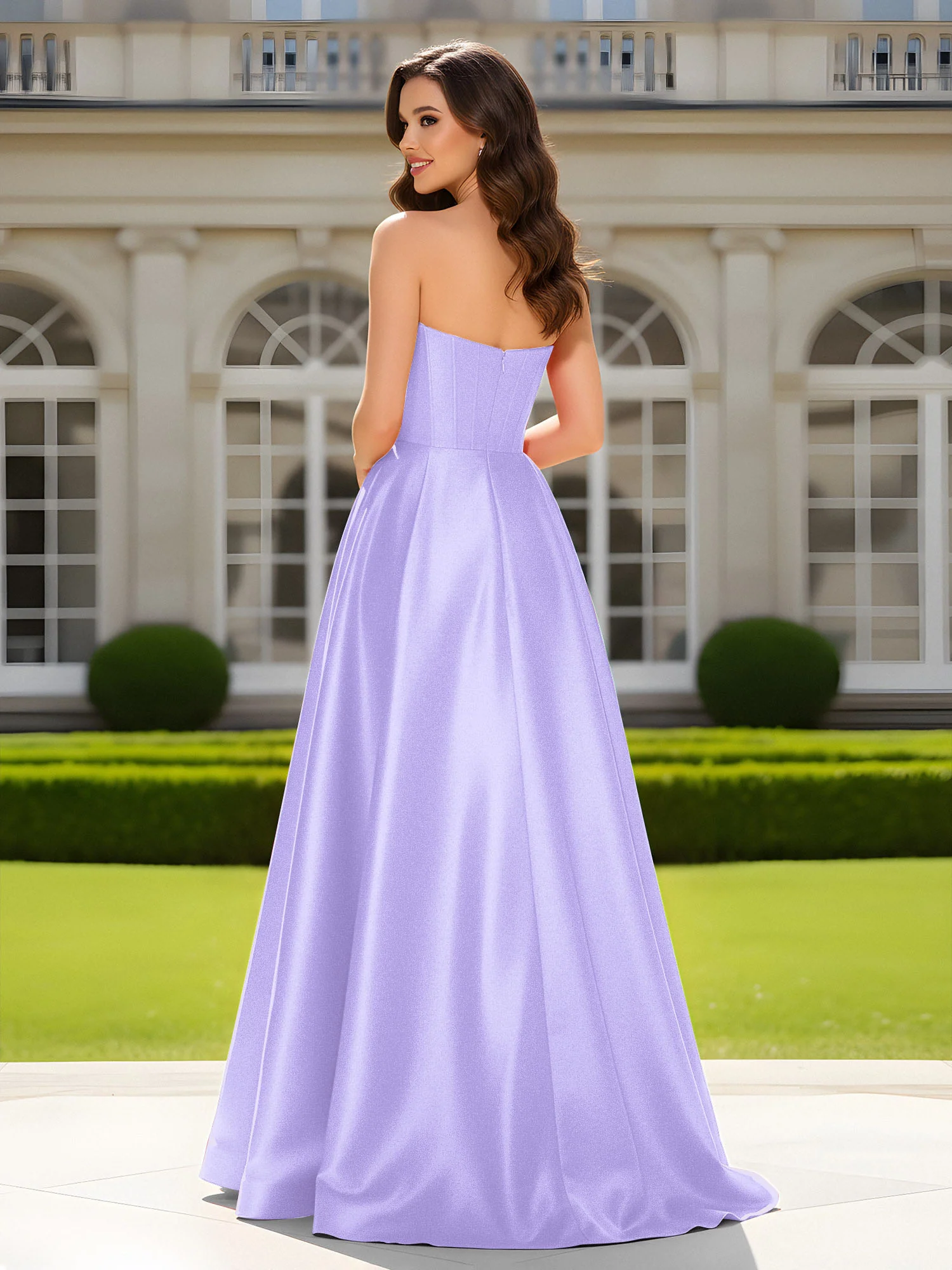 Sweetheart Neck A-Line Satin Maxi Dress With Slit Lilac - Image 2