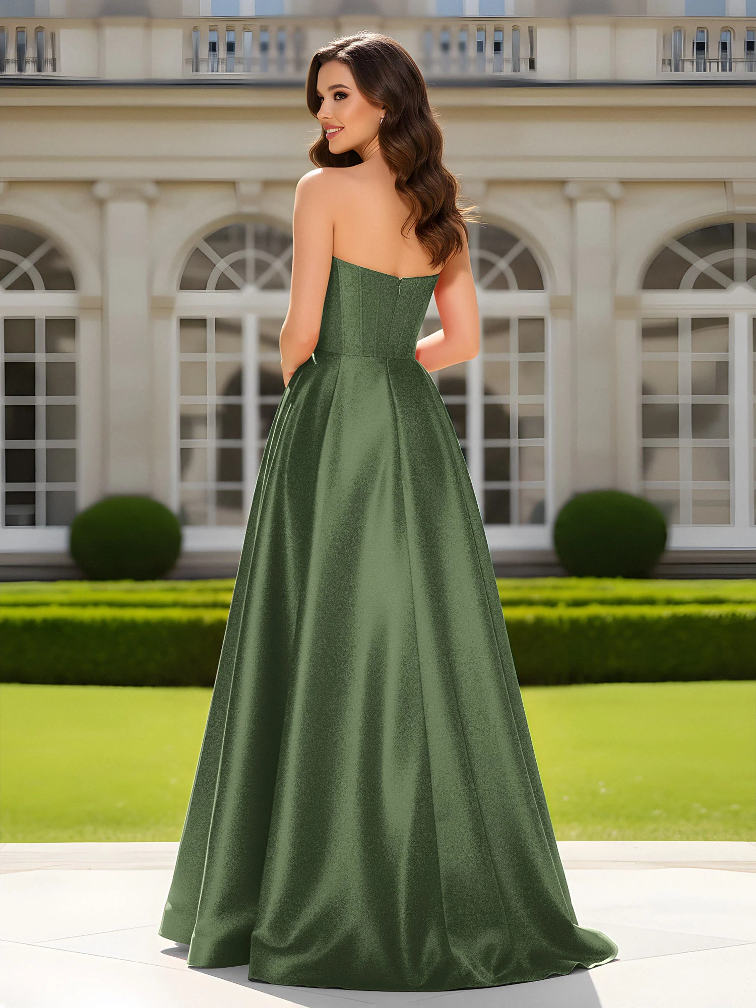 Sweetheart Neck A-Line Satin Maxi Dress With Slit Olive Green - Image 2
