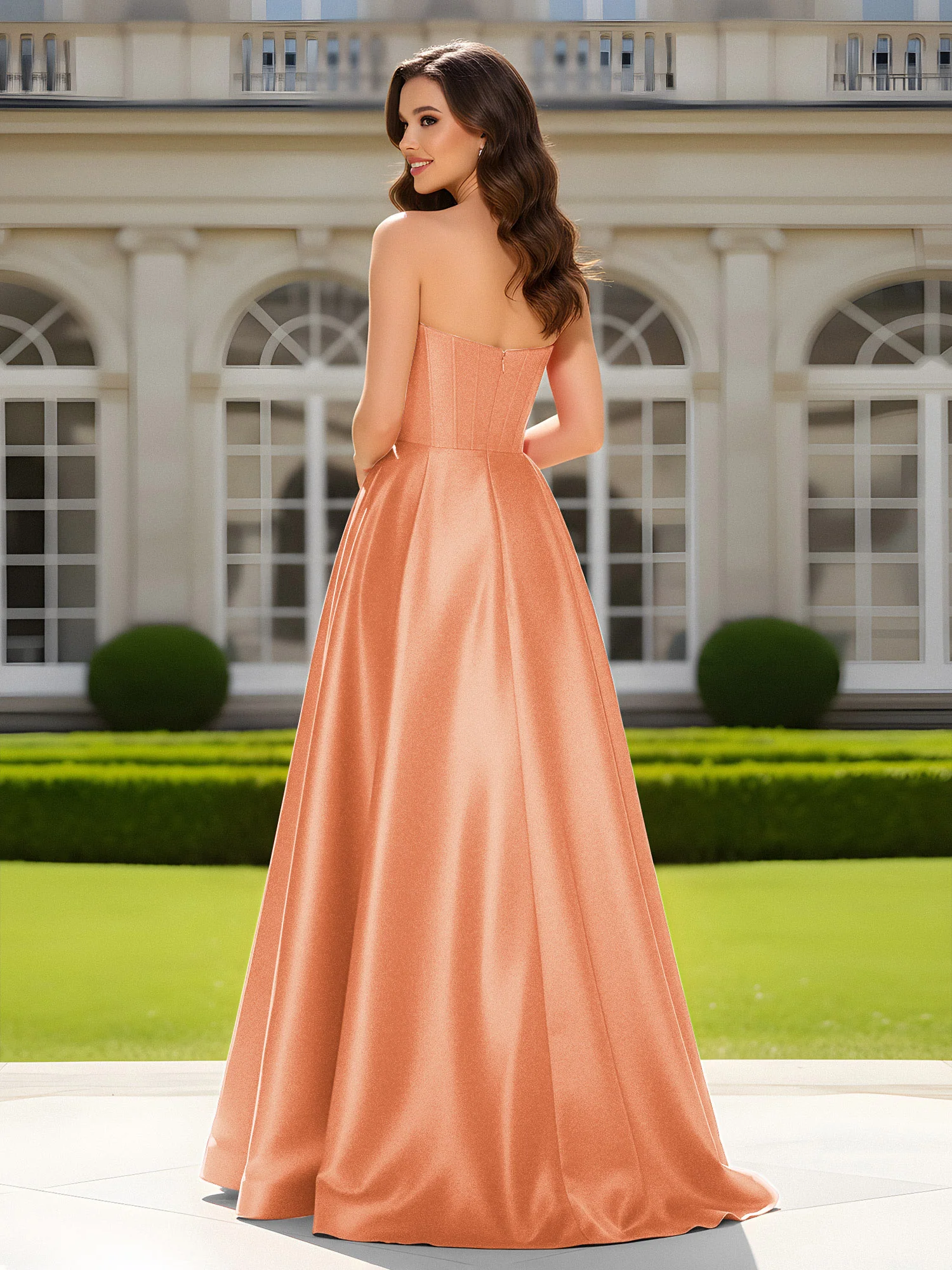Sweetheart Neck A-Line Satin Maxi Dress With Slit Papaya - Image 2