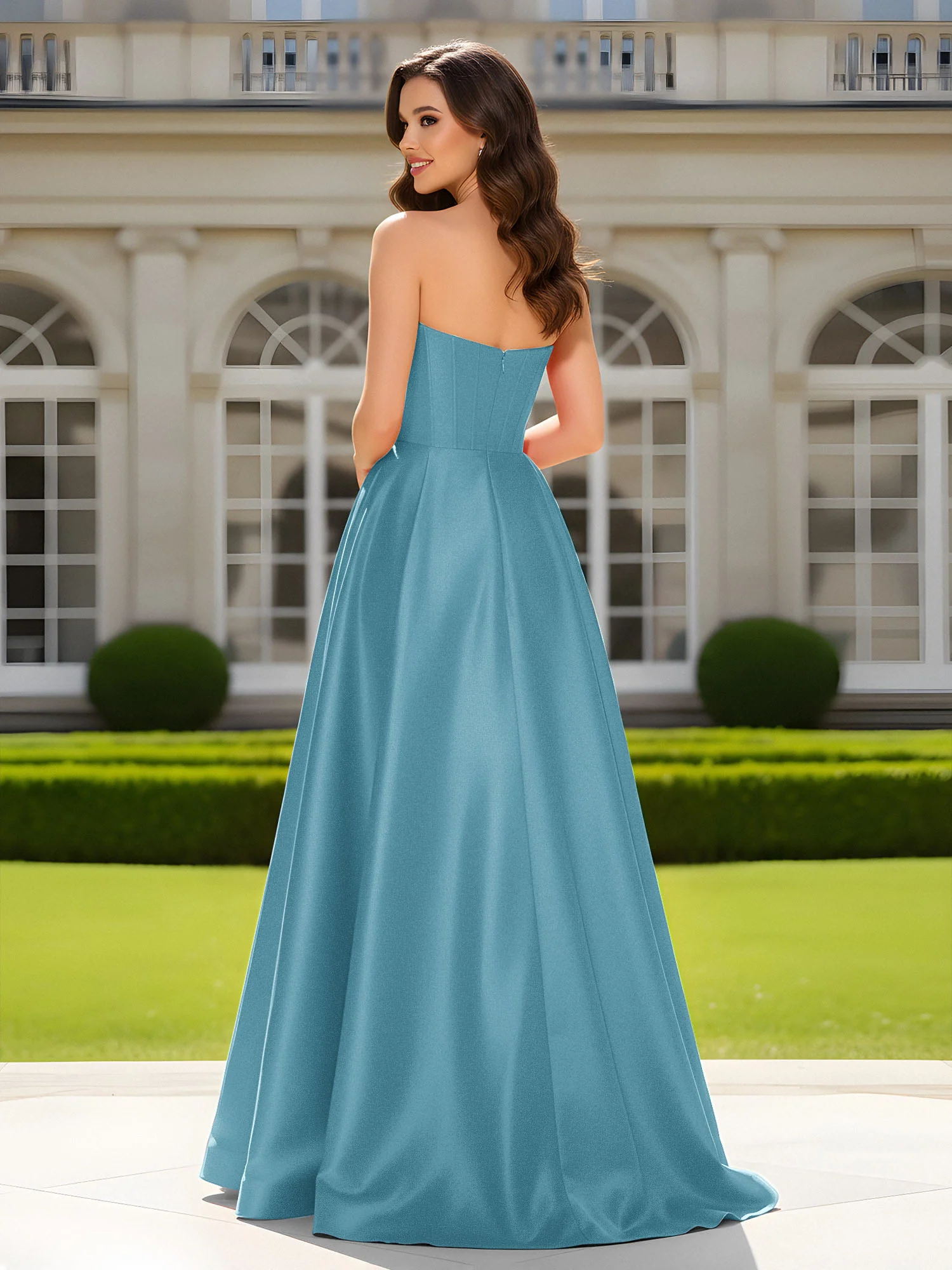 Sweetheart Neck A-Line Satin Maxi Dress With Slit Pool - Image 2