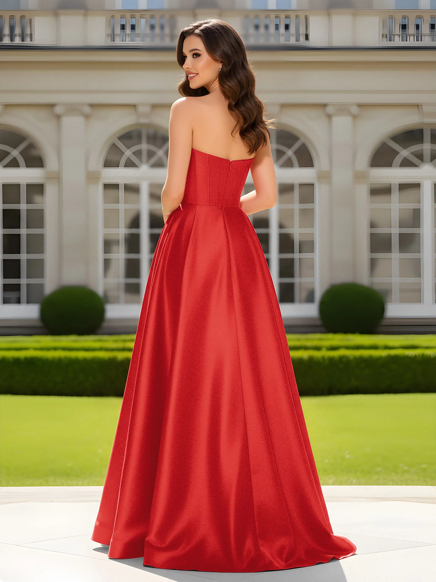 Sweetheart Neck A-Line Satin Maxi Dress With Slit Red - Image 2
