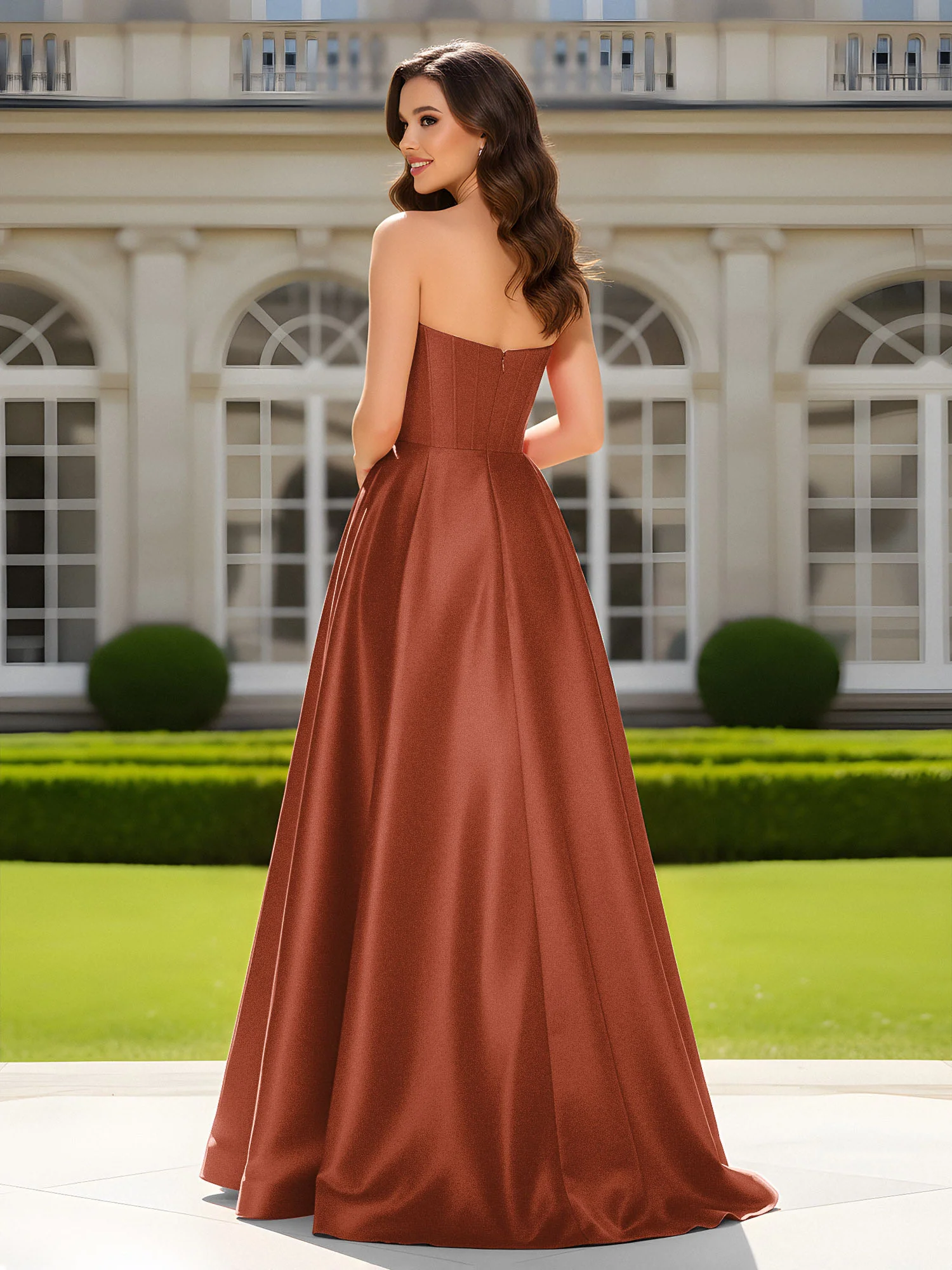 Sweetheart Neck A-Line Satin Maxi Dress With Slit Rust - Image 2