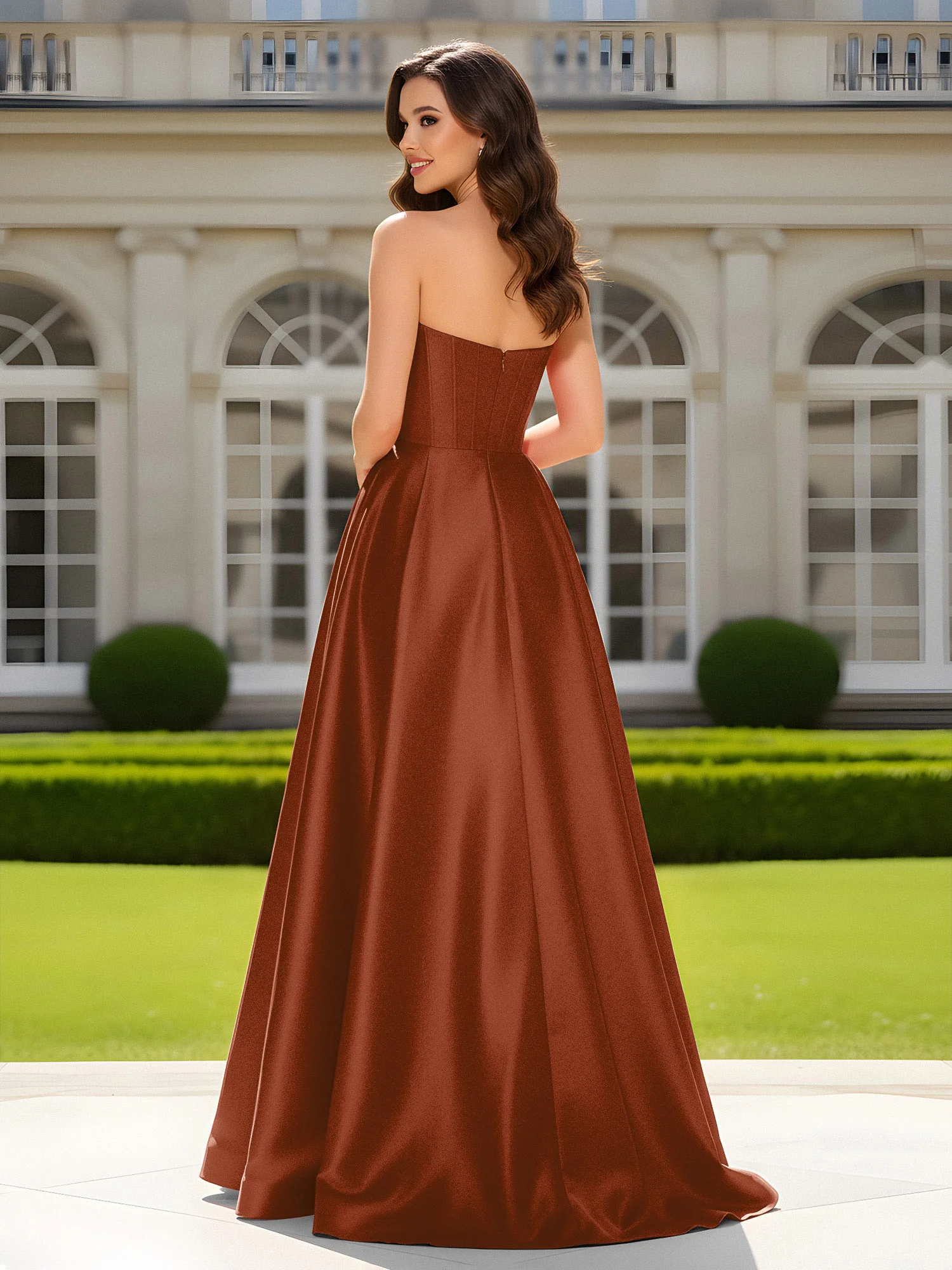 Sweetheart Neck A-Line Satin Maxi Dress With Slit Terracotta - Image 2