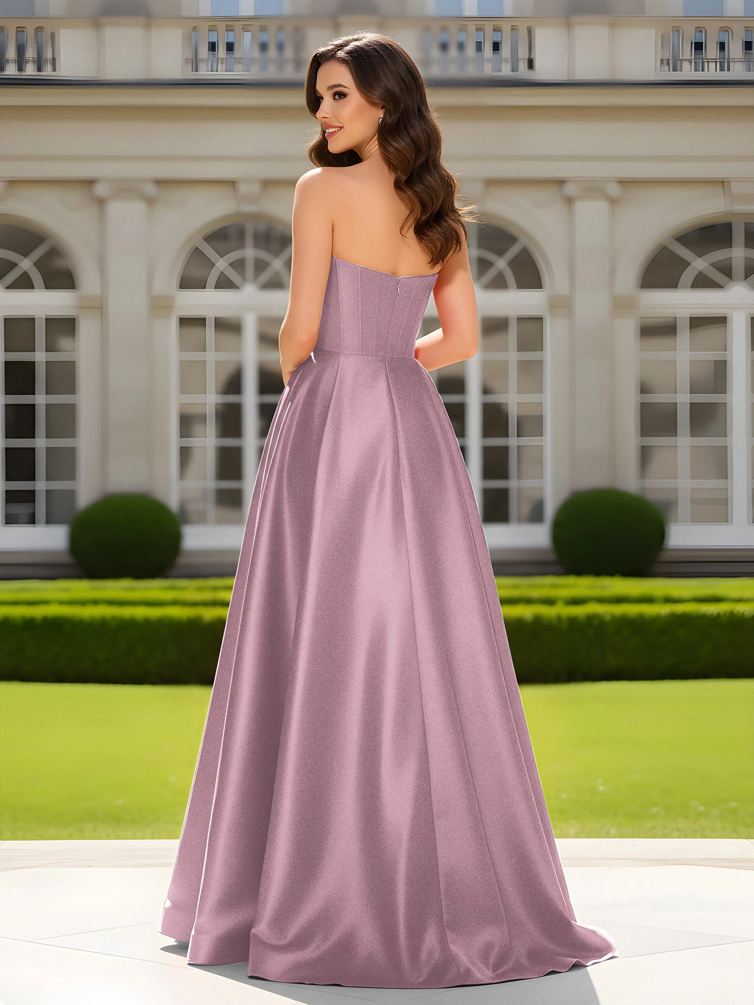 Sweetheart Neck A-Line Satin Maxi Dress With Slit Vintage Mauve - Image 2