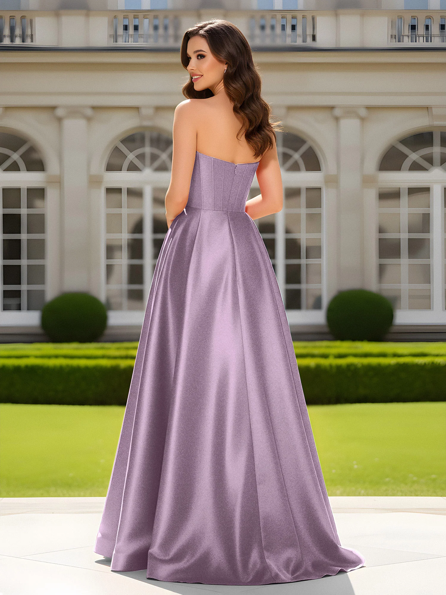 Sweetheart Neck A-Line Satin Maxi Dress With Slit Wisteria - Image 2