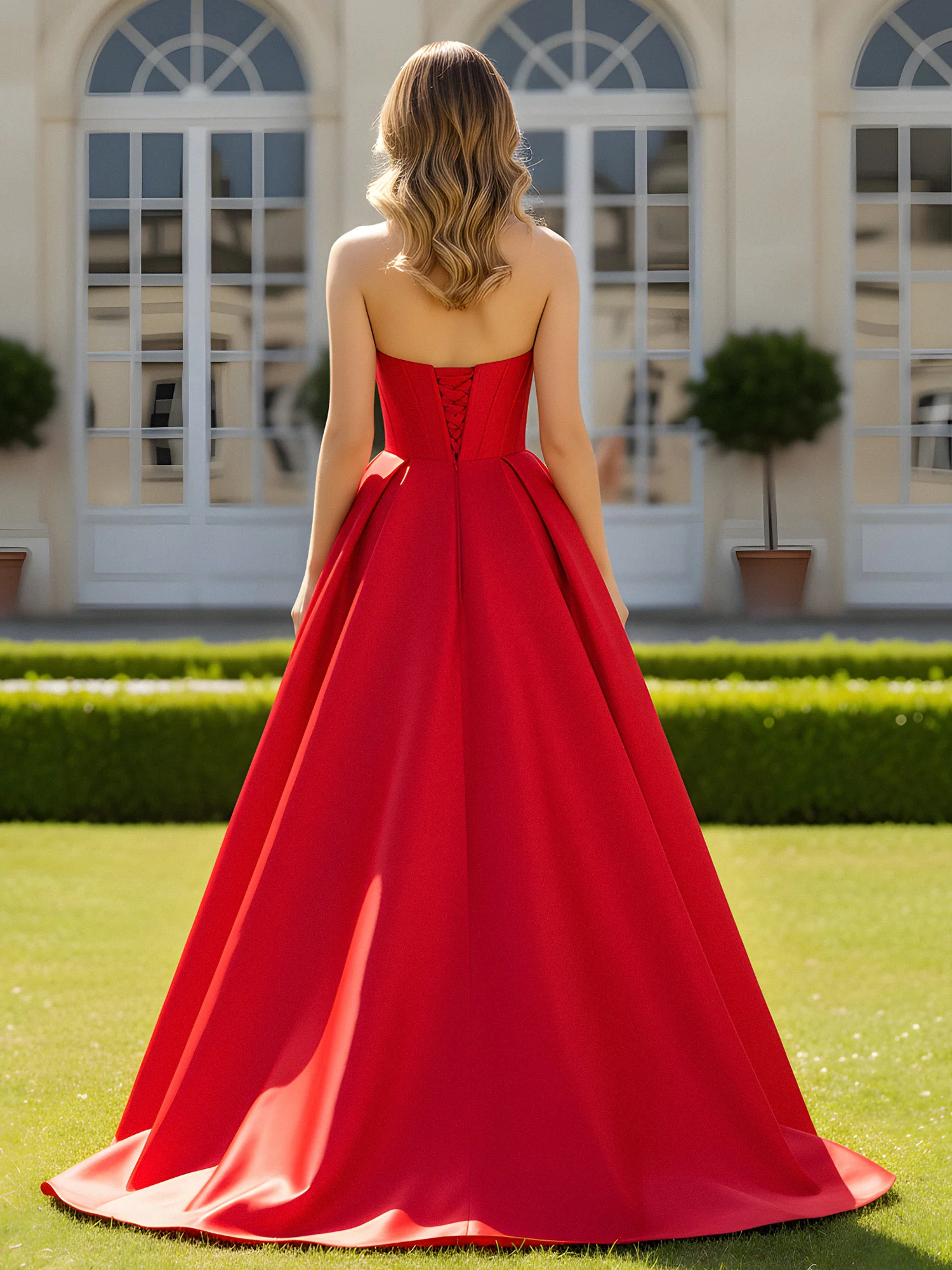 Sweetheart Neck A-Line Sweep Train Gown With Slit Red - Image 2