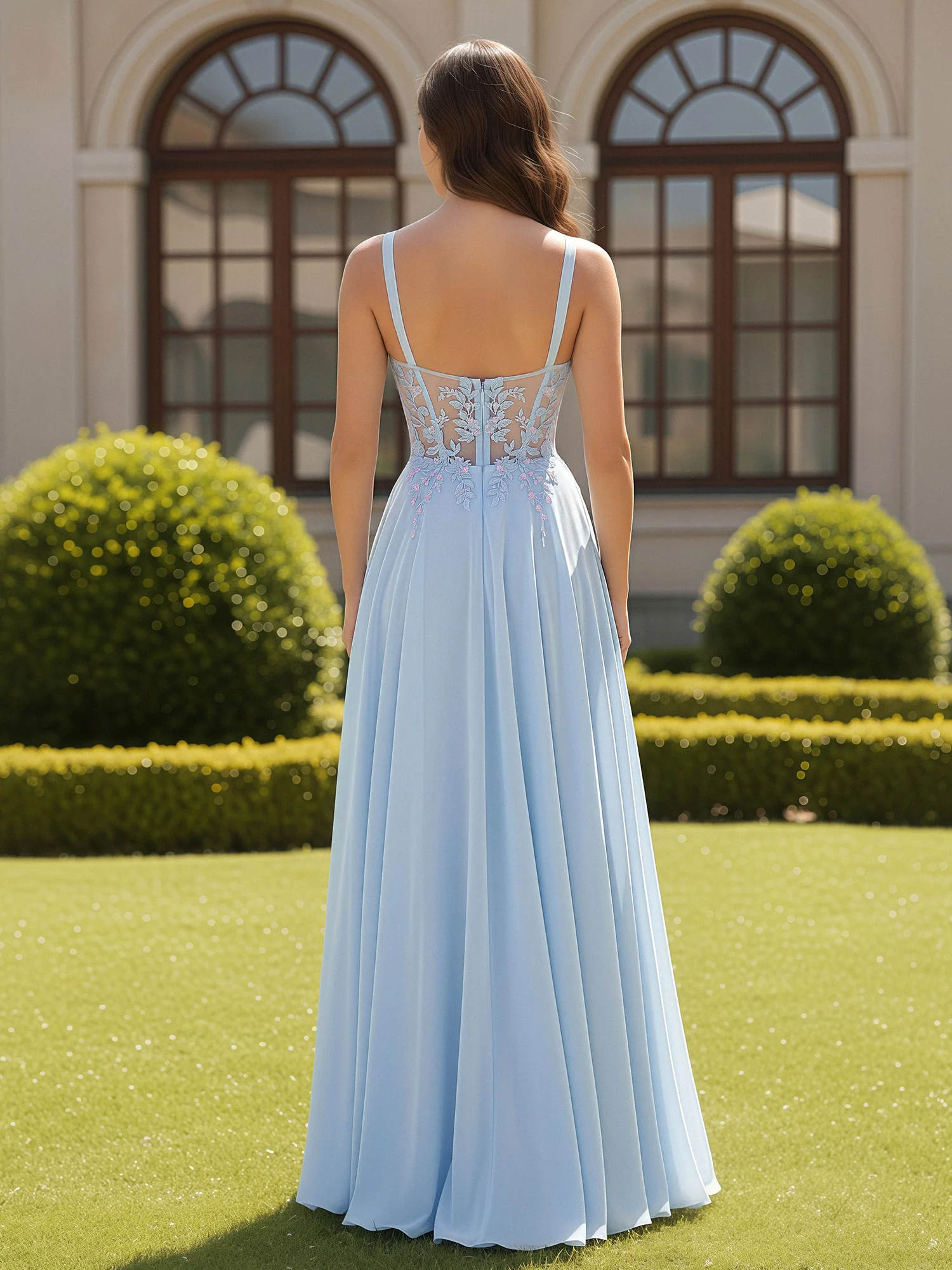 Sweetheart Neck Applique Sheer Corset Long Dress Sky Blue - Image 2