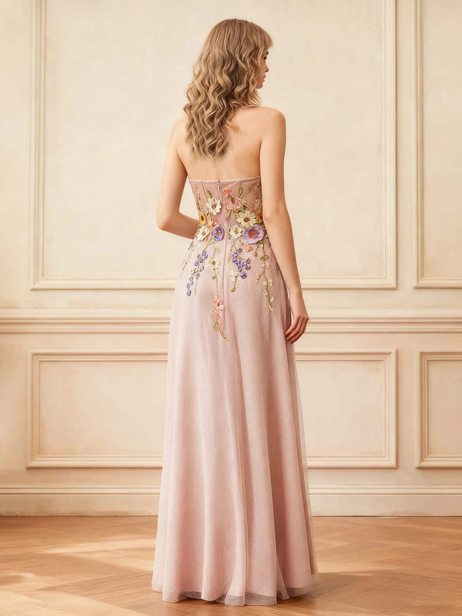 Sweetheart Neck Floral Applique A-Line Tulle Dress Dusty Rose - Image 4