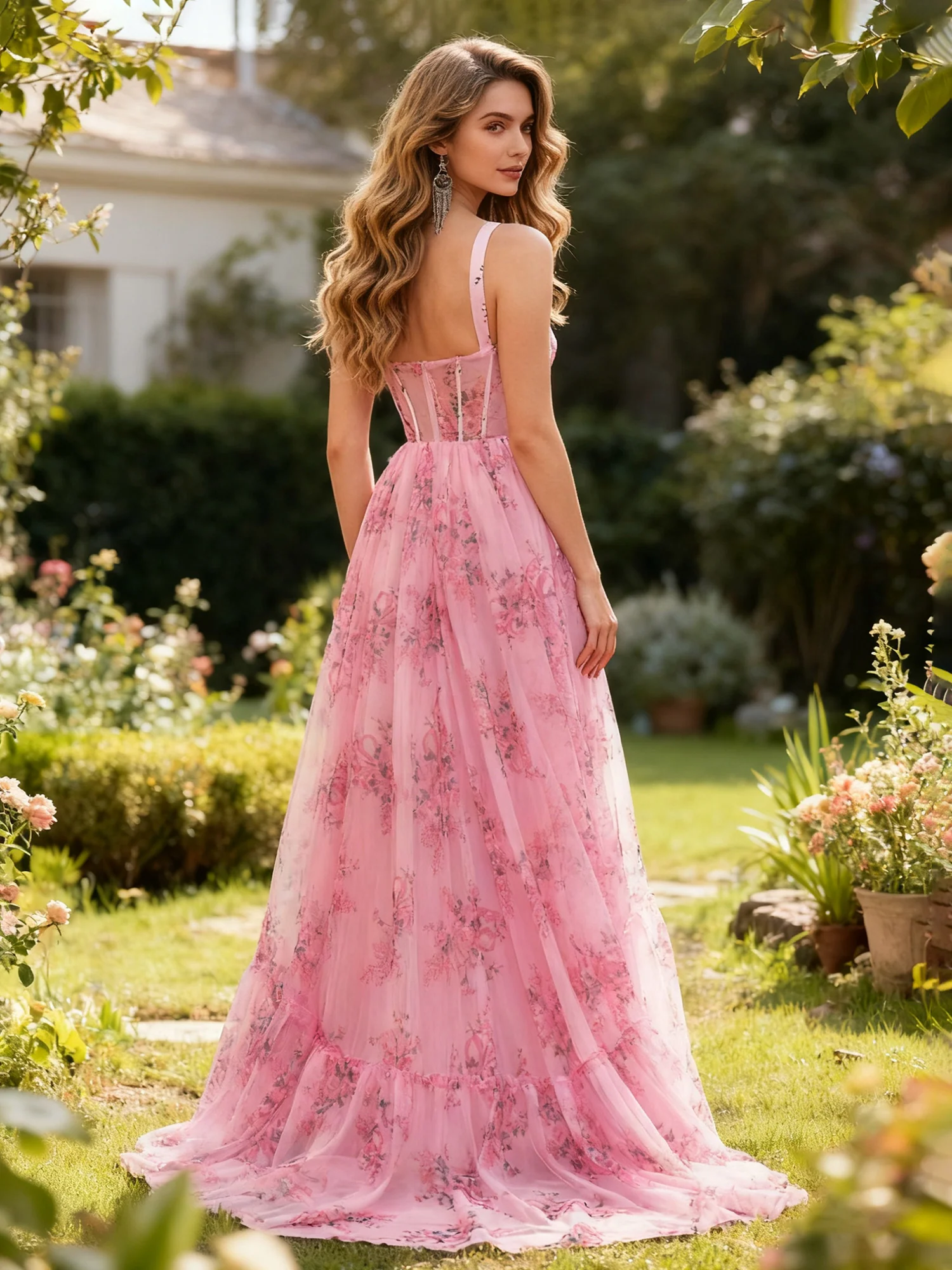 Sweetheart Neck Floral Print A-Line Chiffon Dress Pink - Image 2