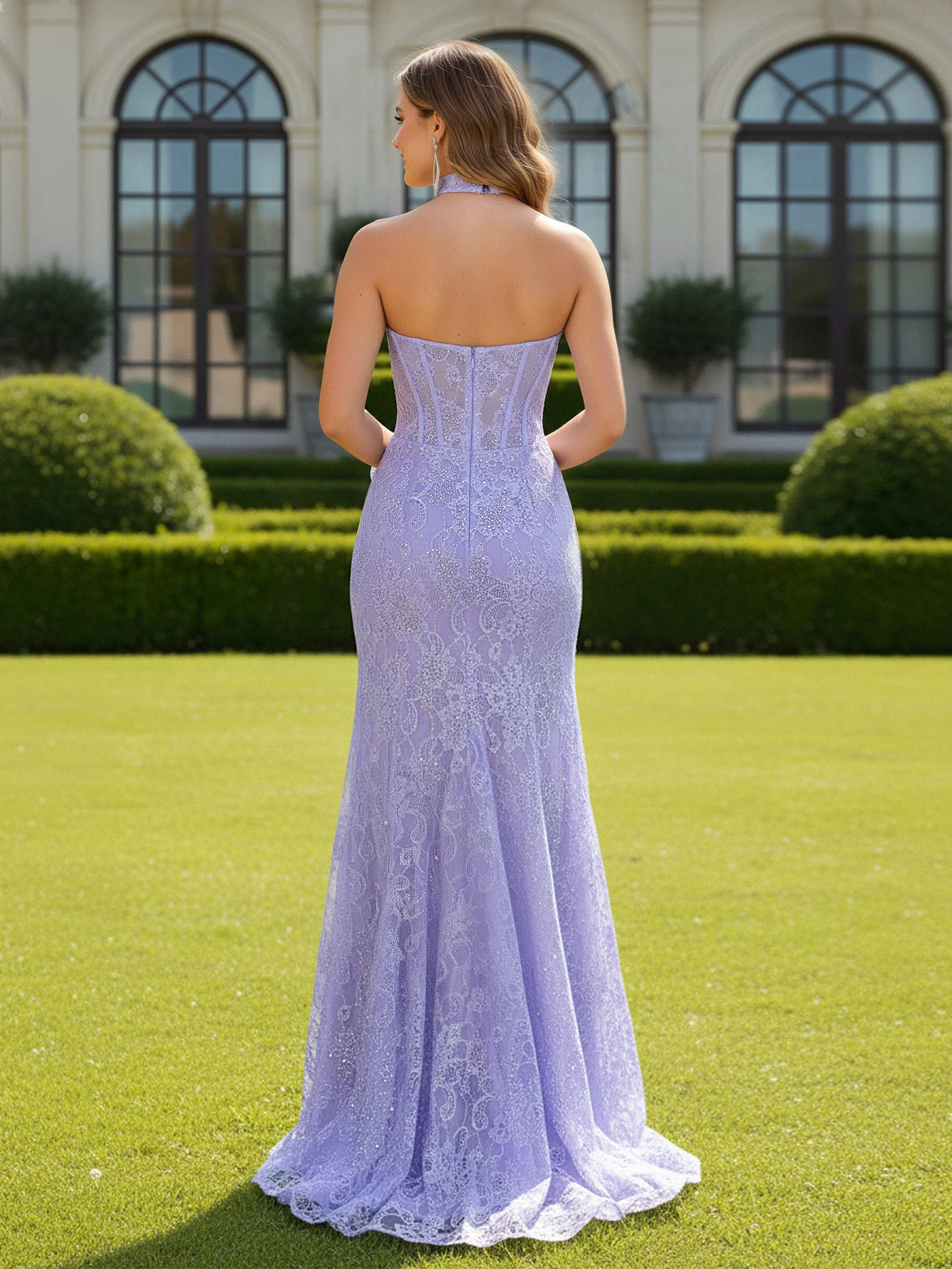 Sweetheart Neck Lace Sequins Bodycon Dress With Slit Lilac - Image 2