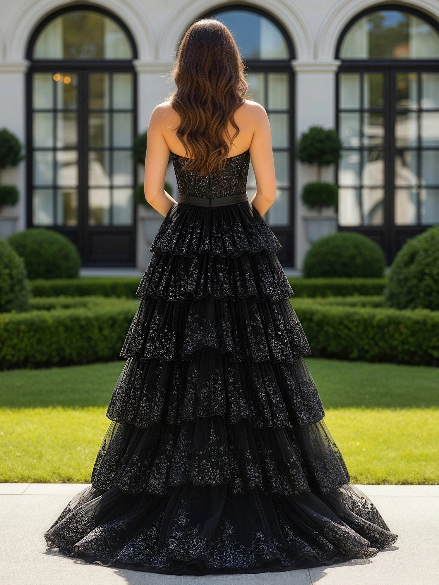 Sweetheart Neck Sequins Tiered Tulle Dress With Bow Black - Image 2