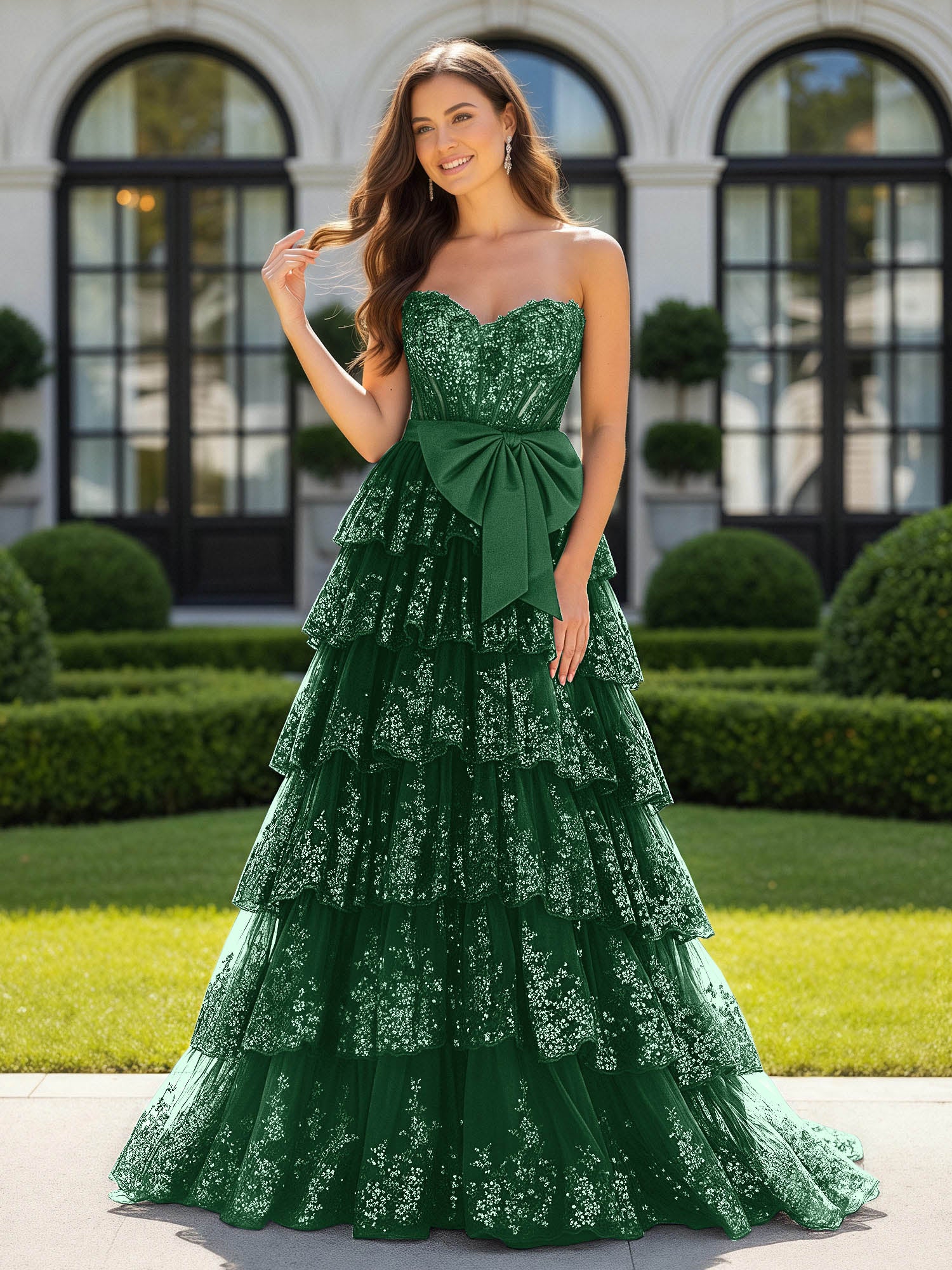 Sweetheart Neck Sequins Tiered Tulle Dress With Bow Dark Green