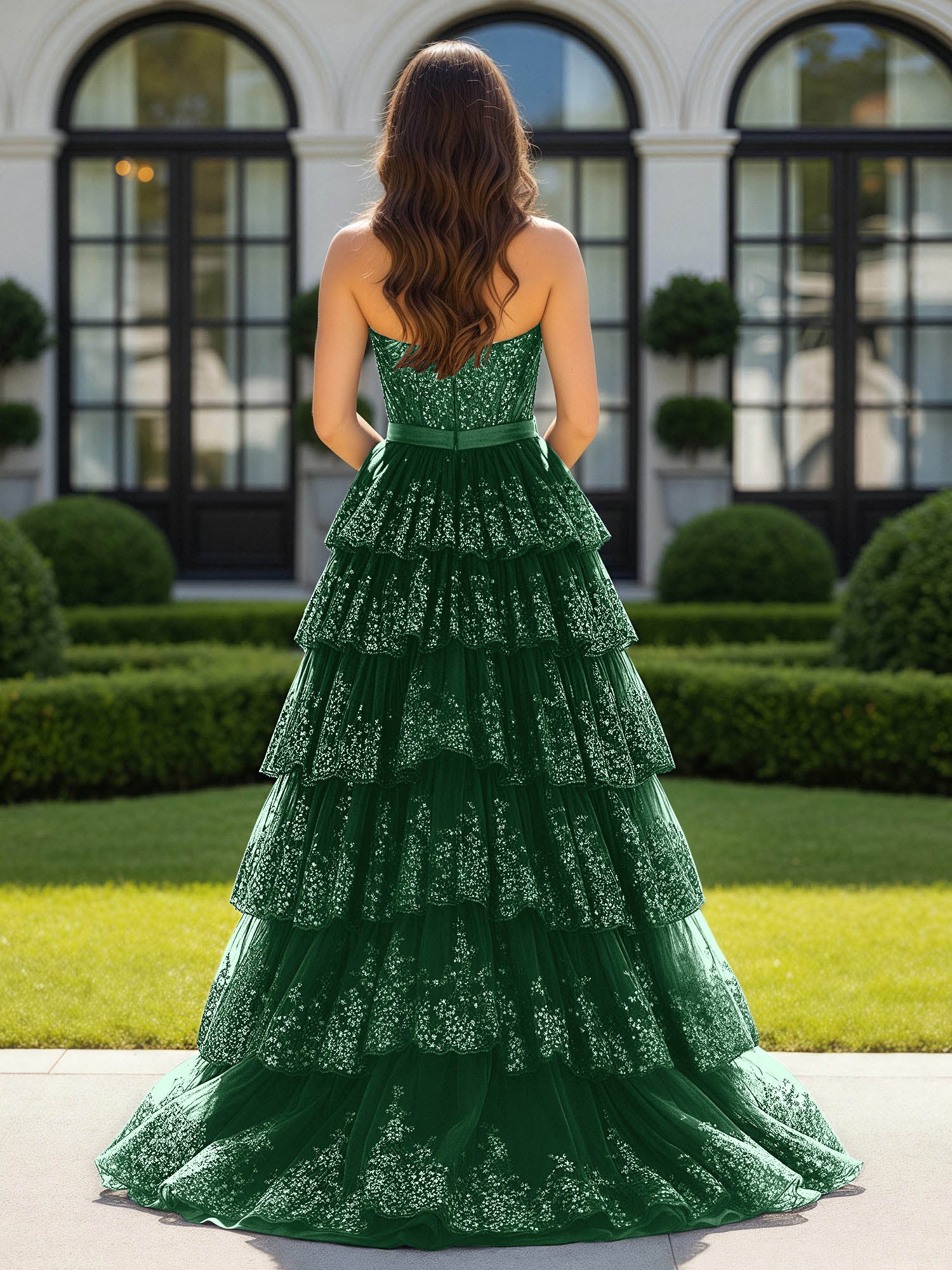 Sweetheart Neck Sequins Tiered Tulle Dress With Bow Dark Green - Image 2