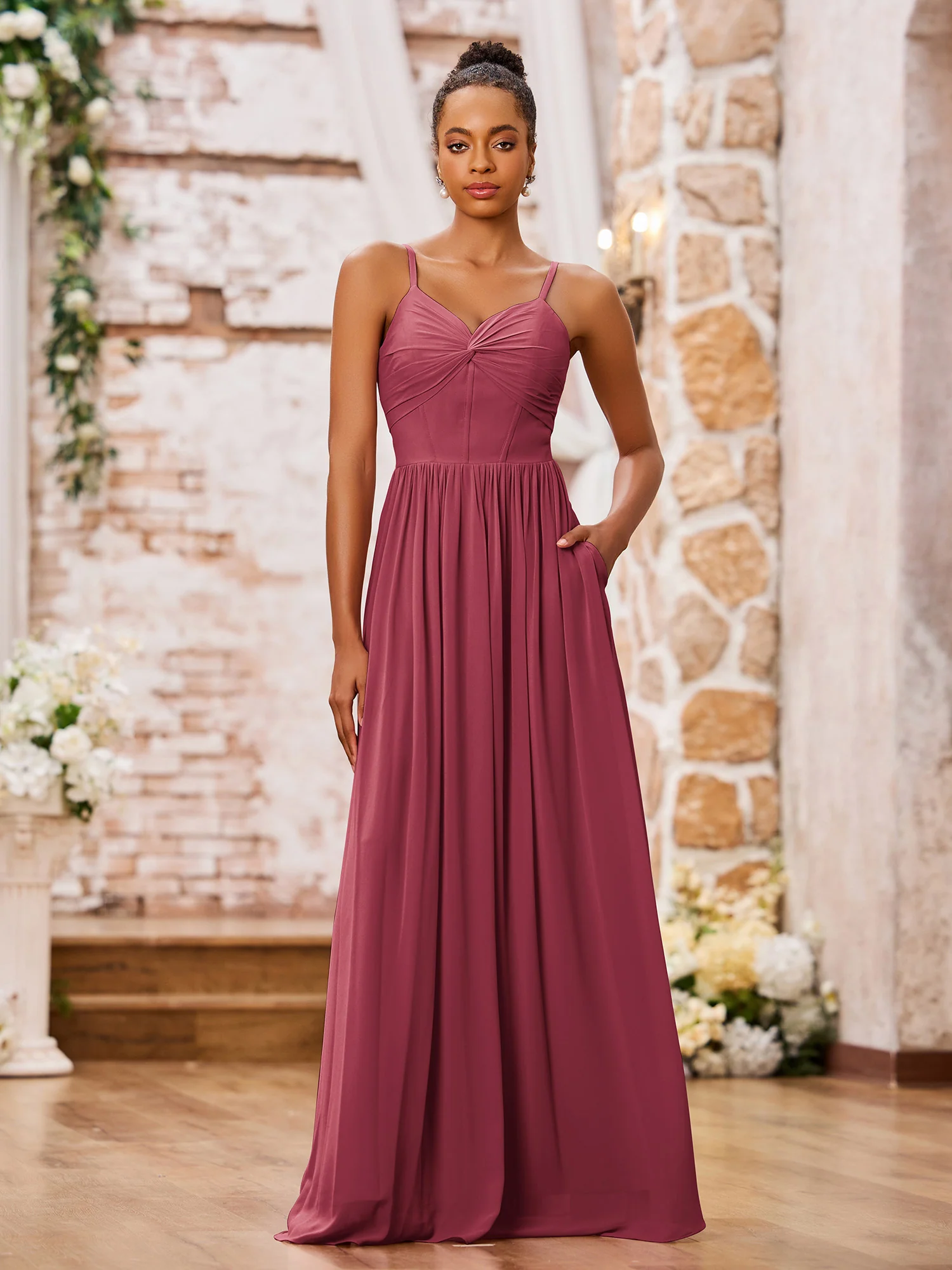 Sweetheart Neck Spaghetti Straps Chiffon Dresses with Pocket Cinnamon Rose