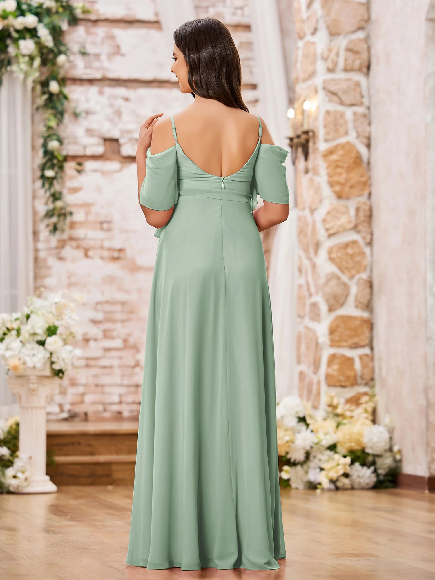 Sweetheart Neck Spaghetti Straps Empire Chiffon Dresses Agave - Image 2