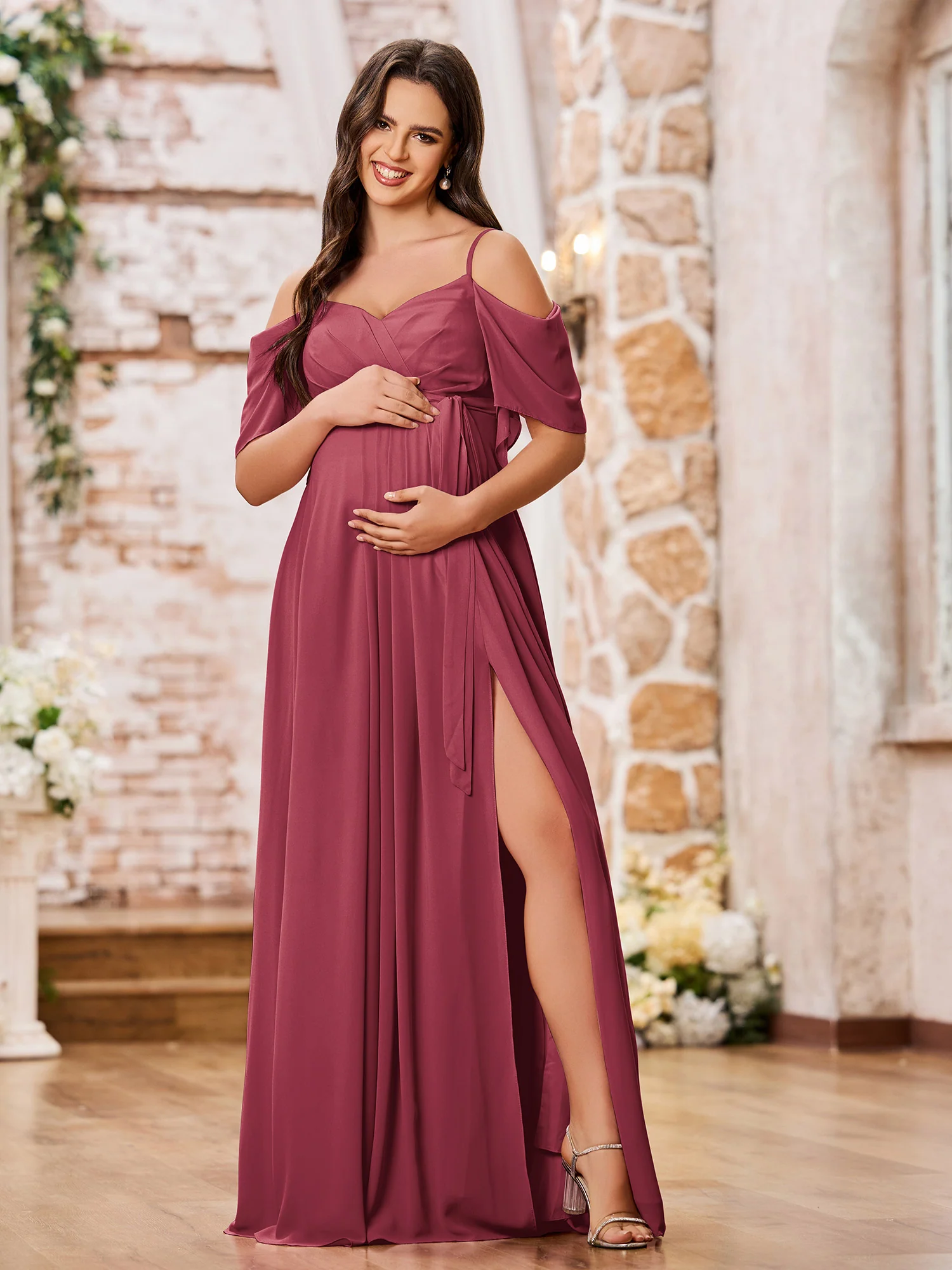 Sweetheart Neck Spaghetti Straps Empire Chiffon Dresses Cinnamon Rose
