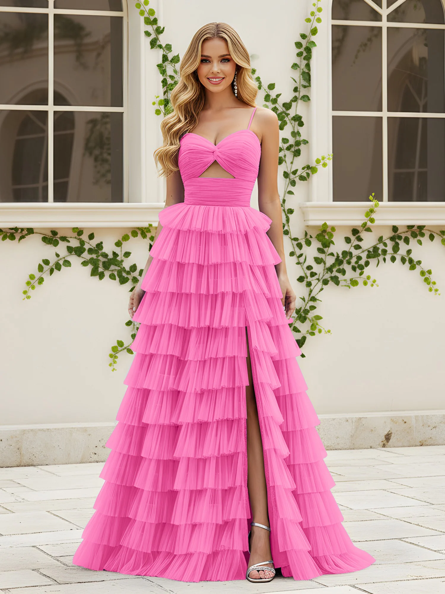 Sweetheart Neck Tiered Sweep Train Dress With Slit Azalea