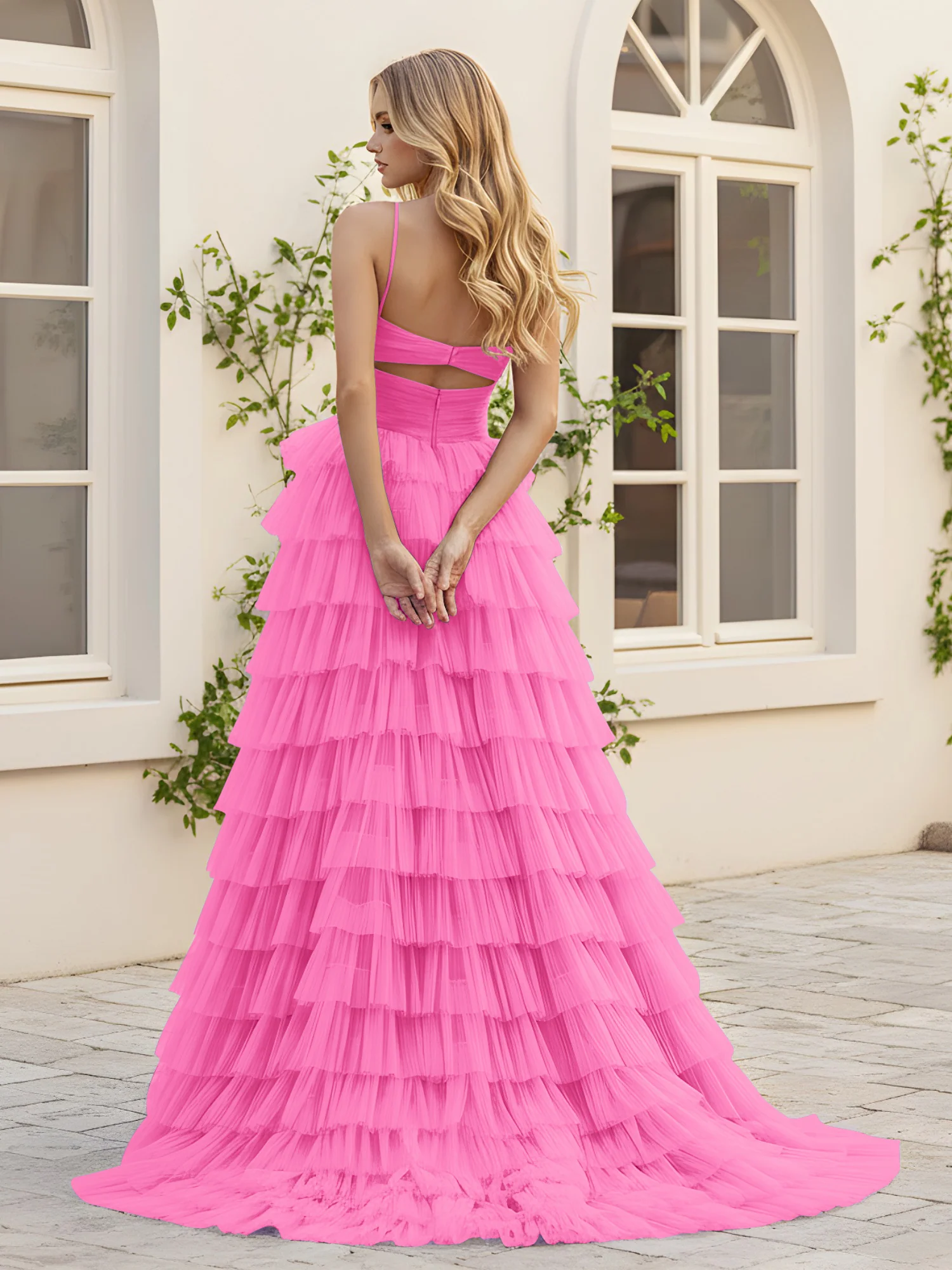 Sweetheart Neck Tiered Sweep Train Dress With Slit Azalea - Image 2