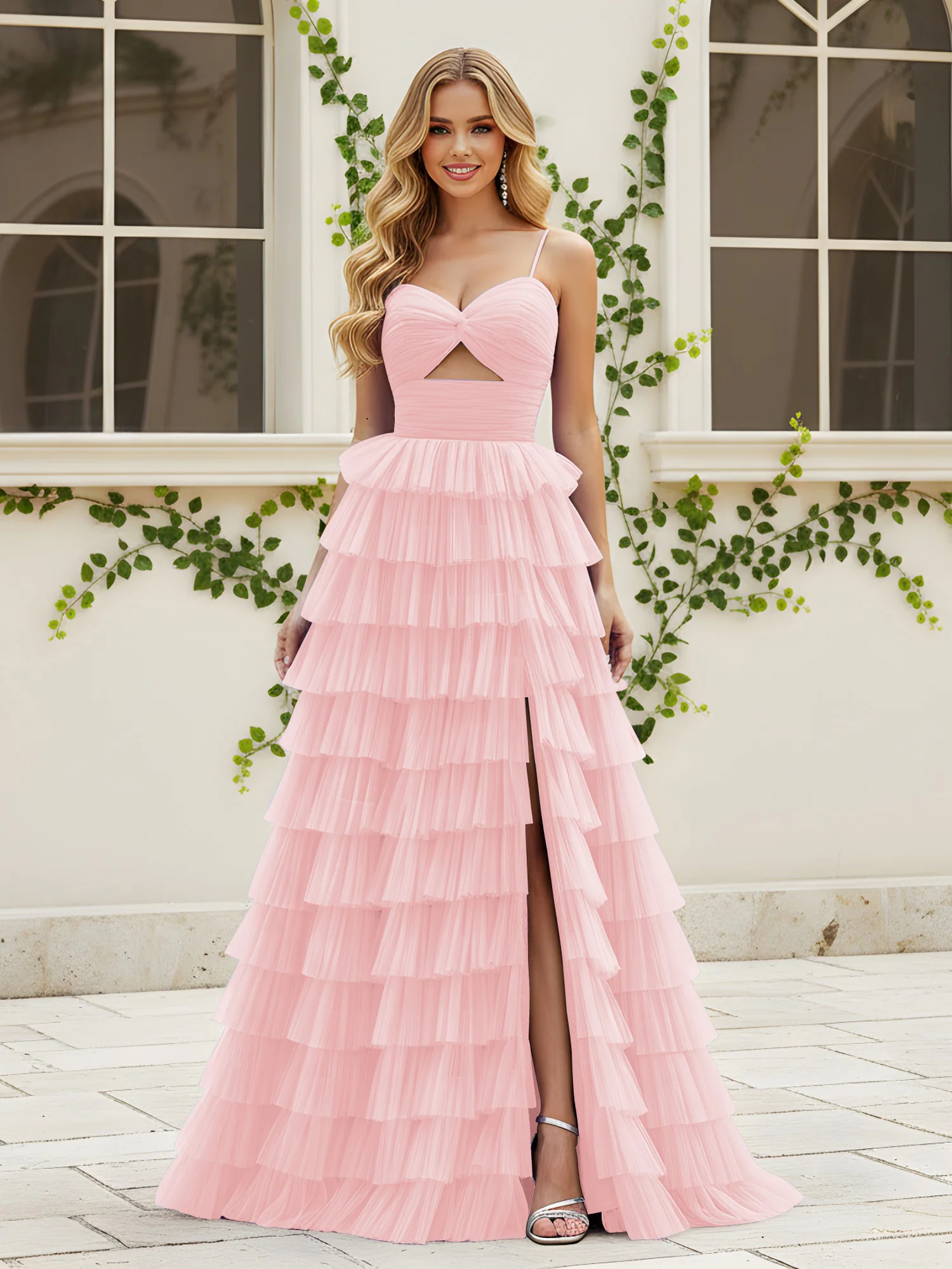 Sweetheart Neck Tiered Sweep Train Dress With Slit Blushing Pink