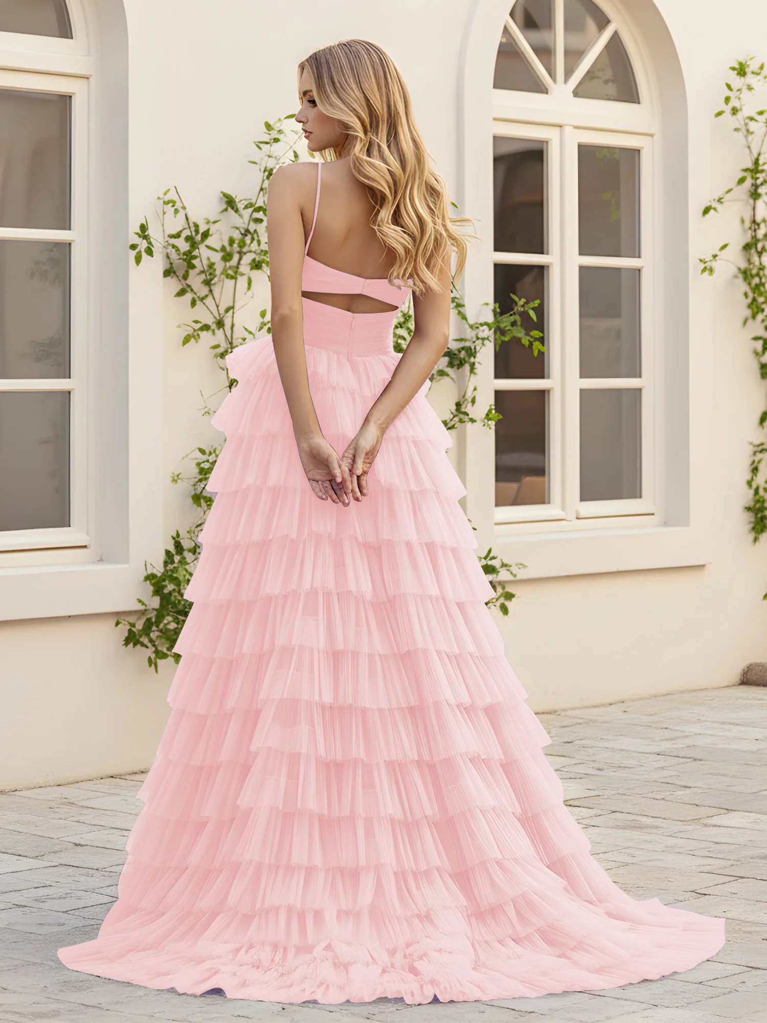 Sweetheart Neck Tiered Sweep Train Dress With Slit Blushing Pink - Image 2