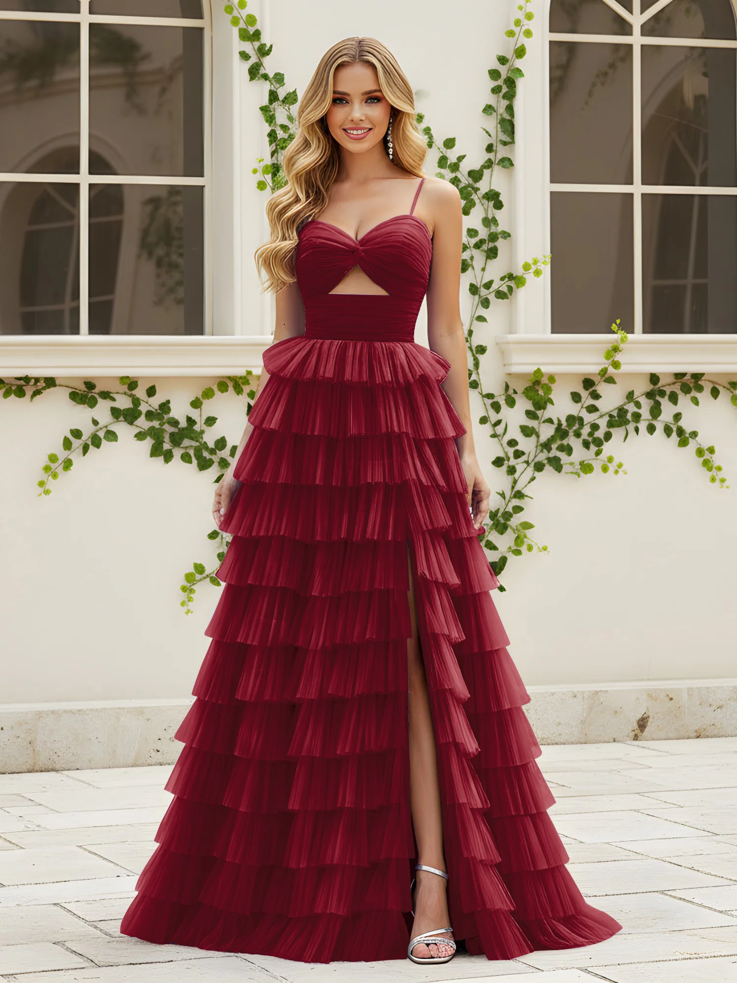 Sweetheart Neck Tiered Sweep Train Dress With Slit Burgundy