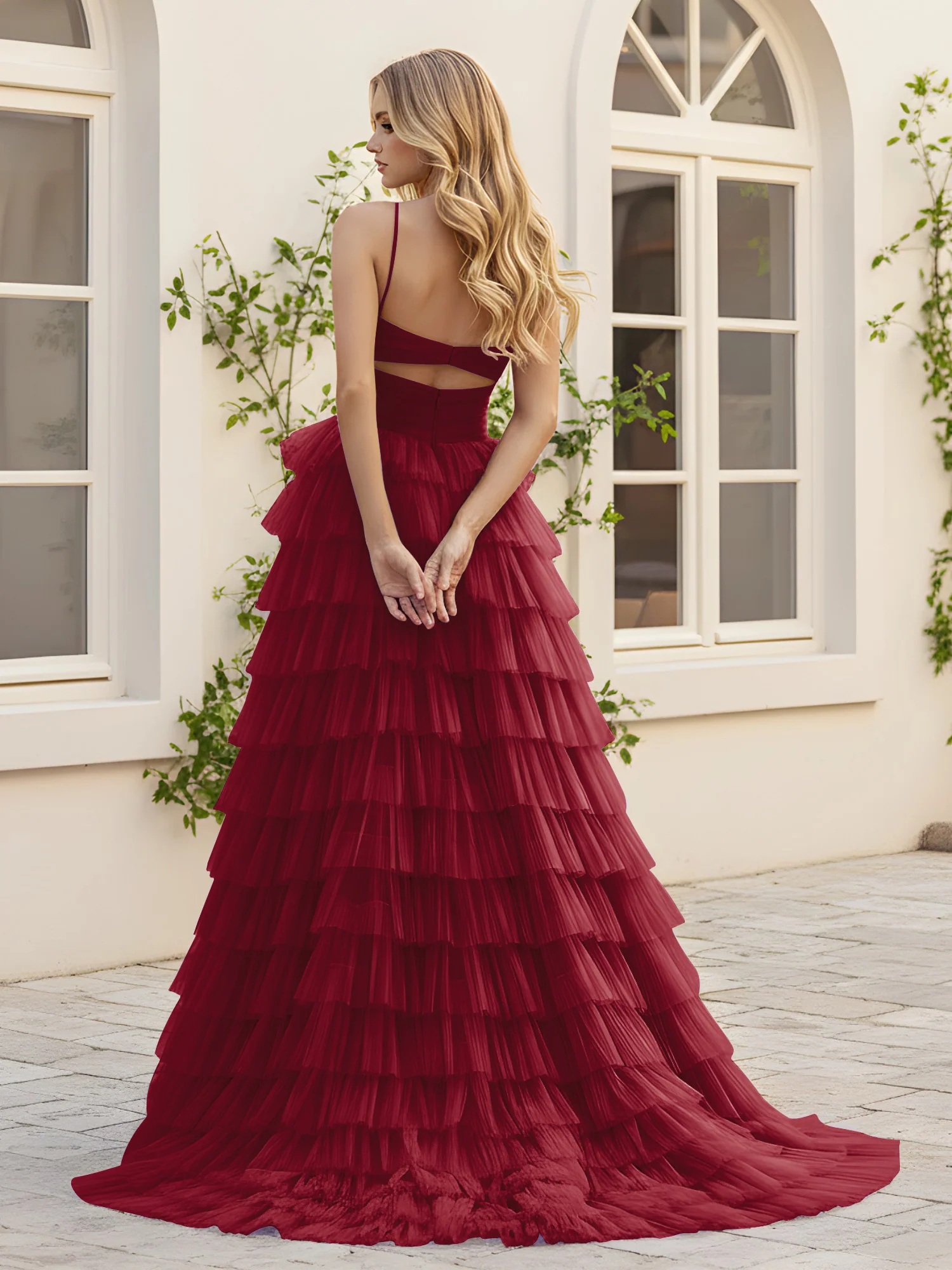 Sweetheart Neck Tiered Sweep Train Dress With Slit Burgundy - Image 2