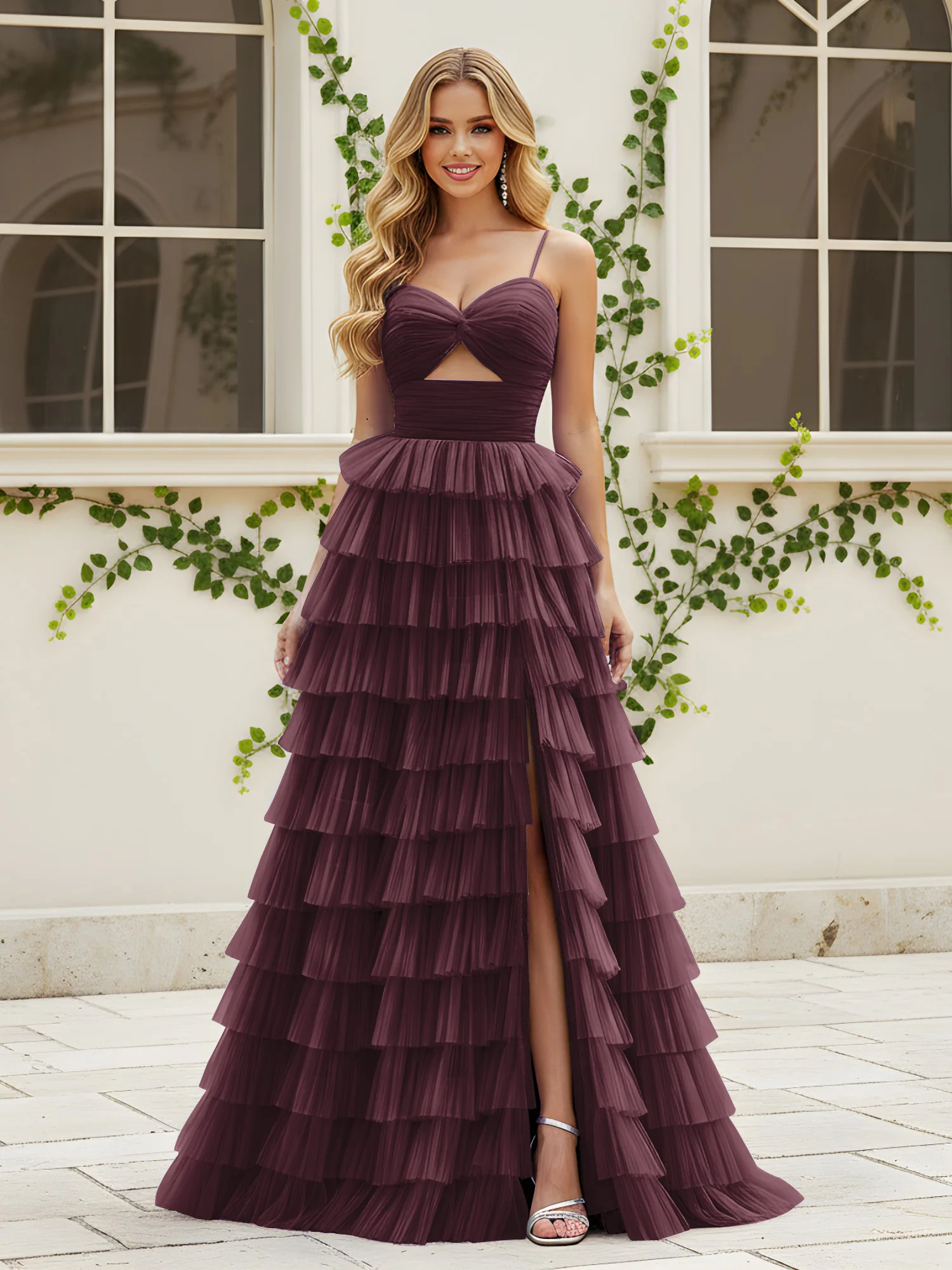 Sweetheart Neck Tiered Sweep Train Dress With Slit Cabernet
