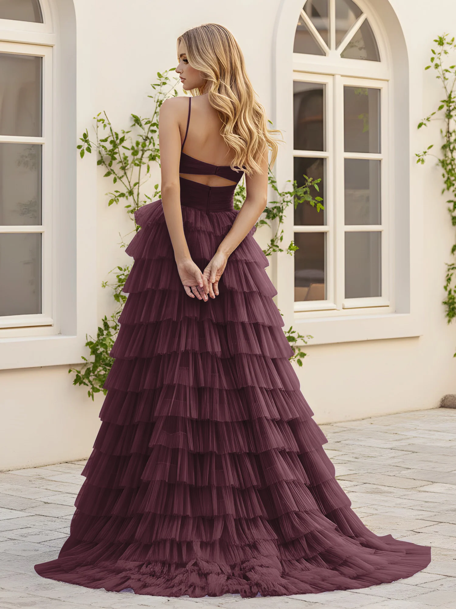 Sweetheart Neck Tiered Sweep Train Dress With Slit Cabernet - Image 2
