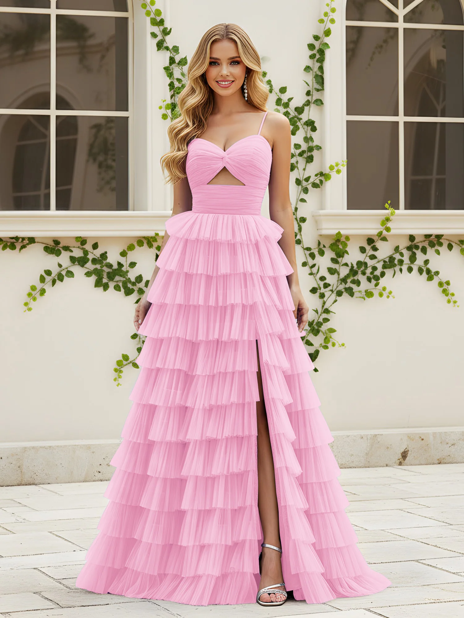 Sweetheart Neck Tiered Sweep Train Dress With Slit Candy Pink