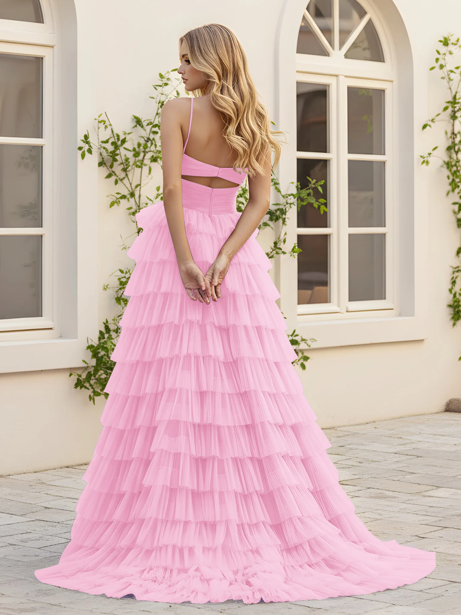 Sweetheart Neck Tiered Sweep Train Dress With Slit Candy Pink - Image 2
