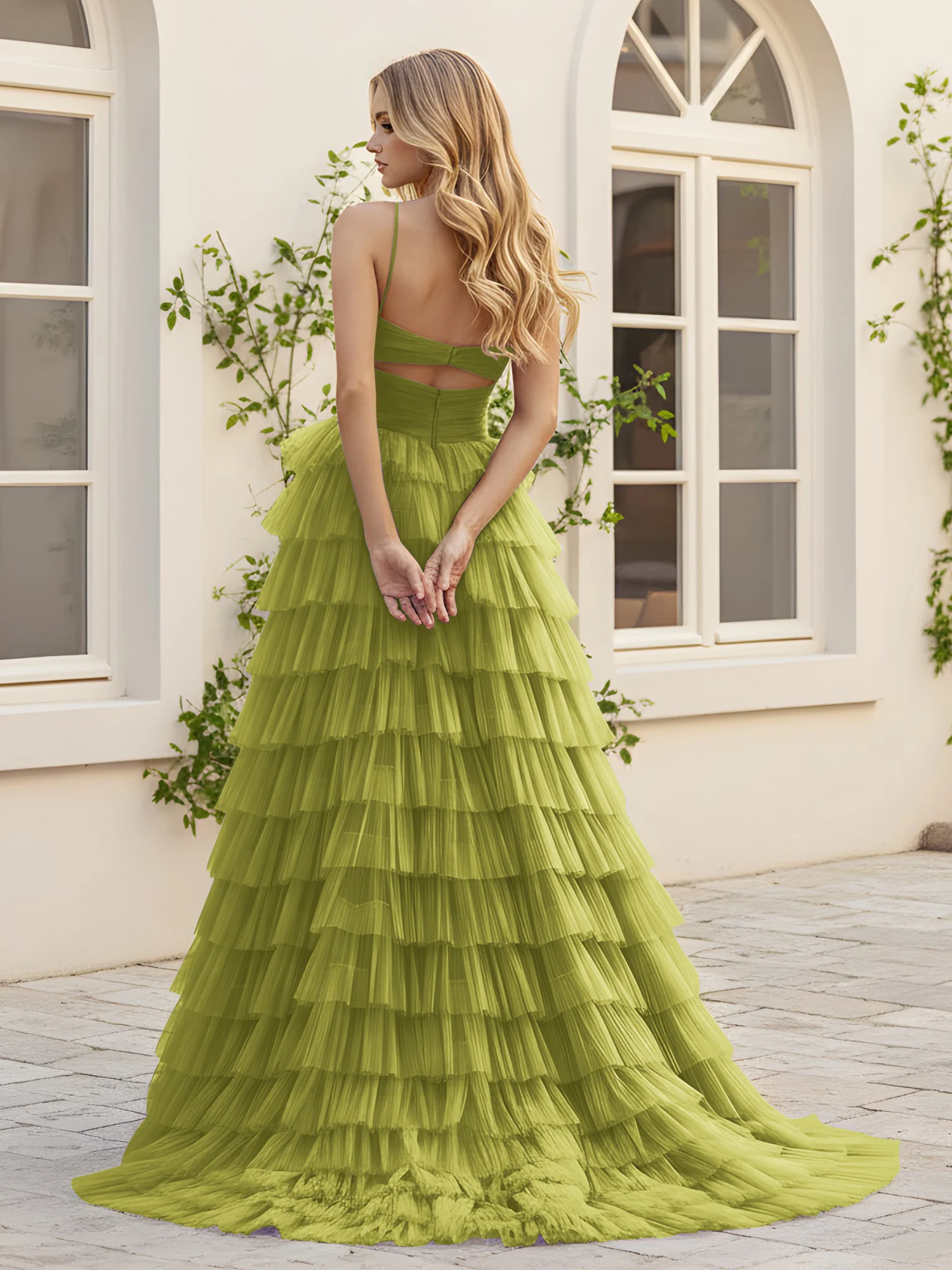Sweetheart Neck Tiered Sweep Train Dress With Slit Clover - Image 2