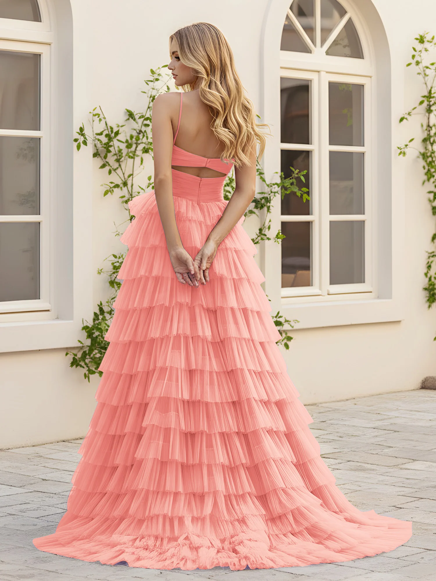 Sweetheart Neck Tiered Sweep Train Dress With Slit Coral - Image 2