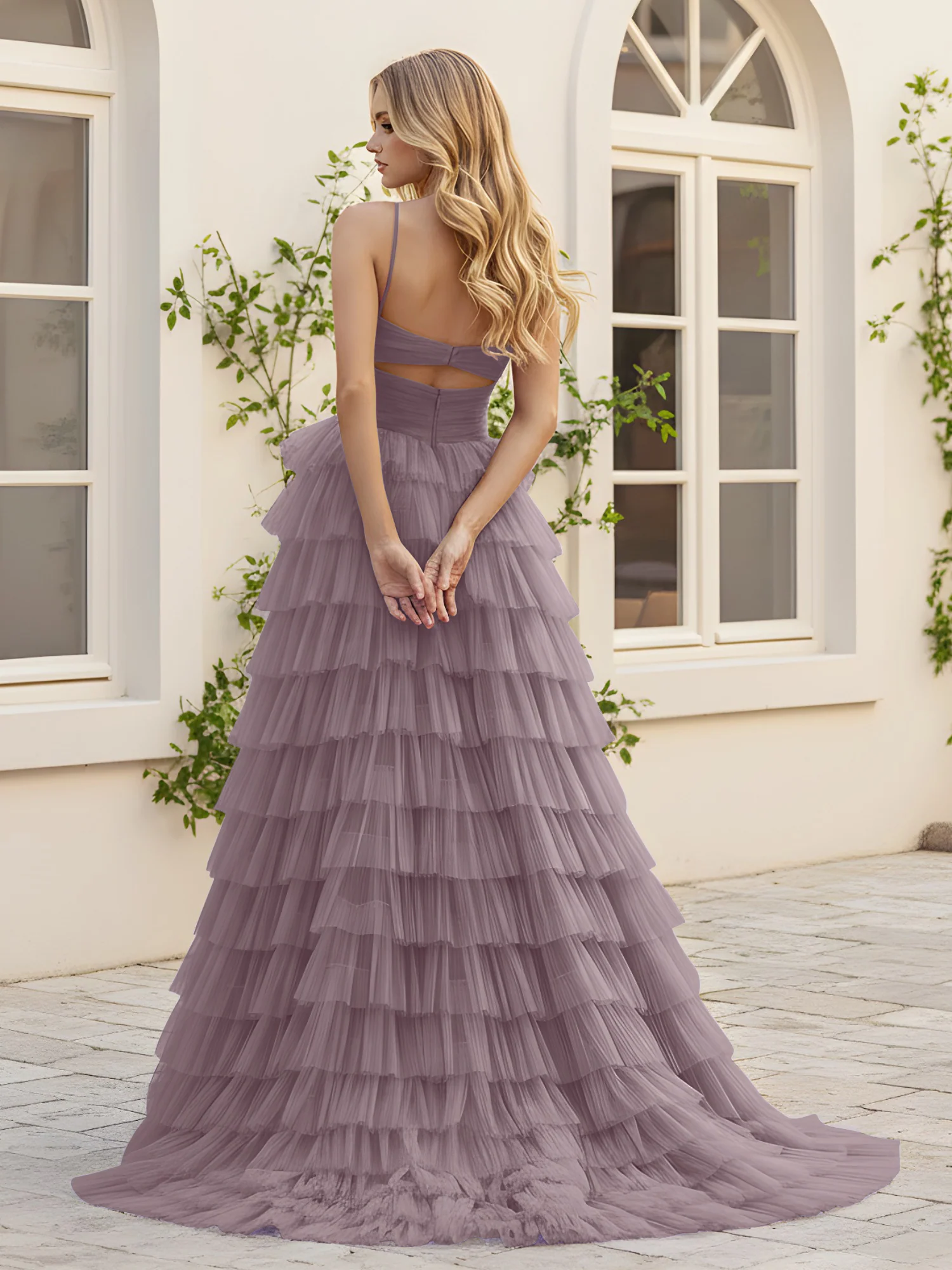 Sweetheart Neck Tiered Sweep Train Dress With Slit Dusk - Image 2