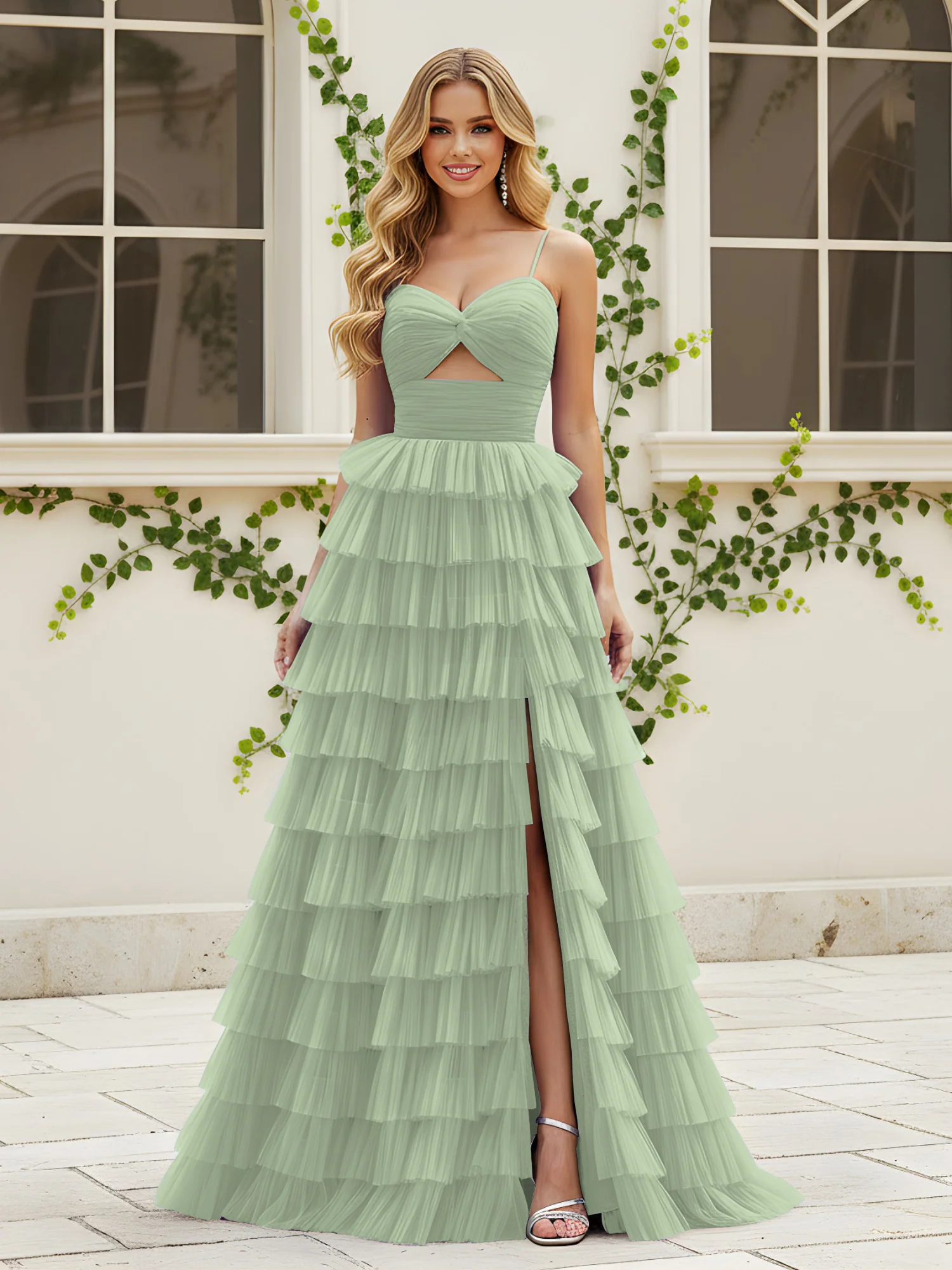 Sweetheart Neck Tiered Sweep Train Dress With Slit Dusty Sage