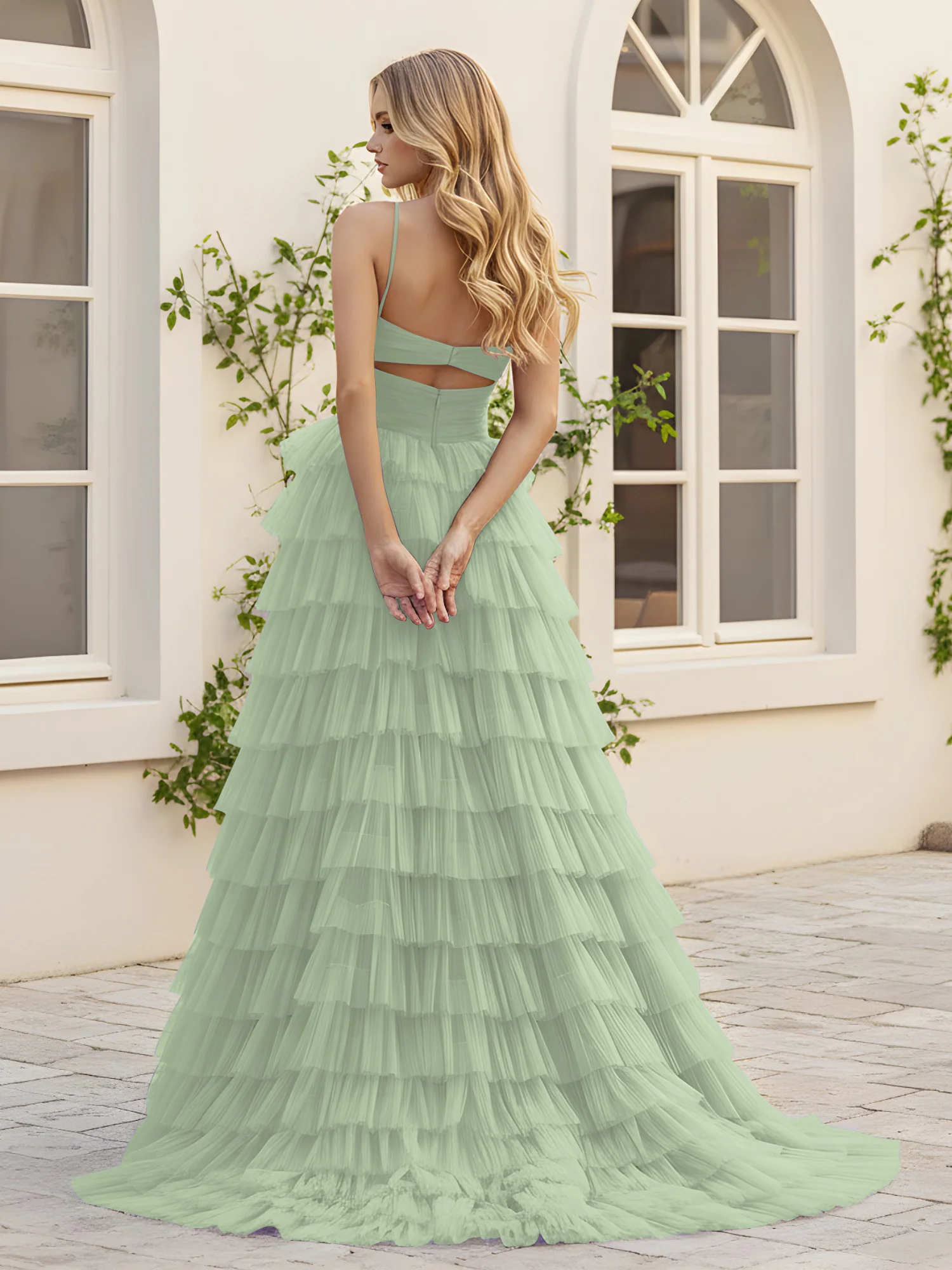 Sweetheart Neck Tiered Sweep Train Dress With Slit Dusty Sage - Image 2