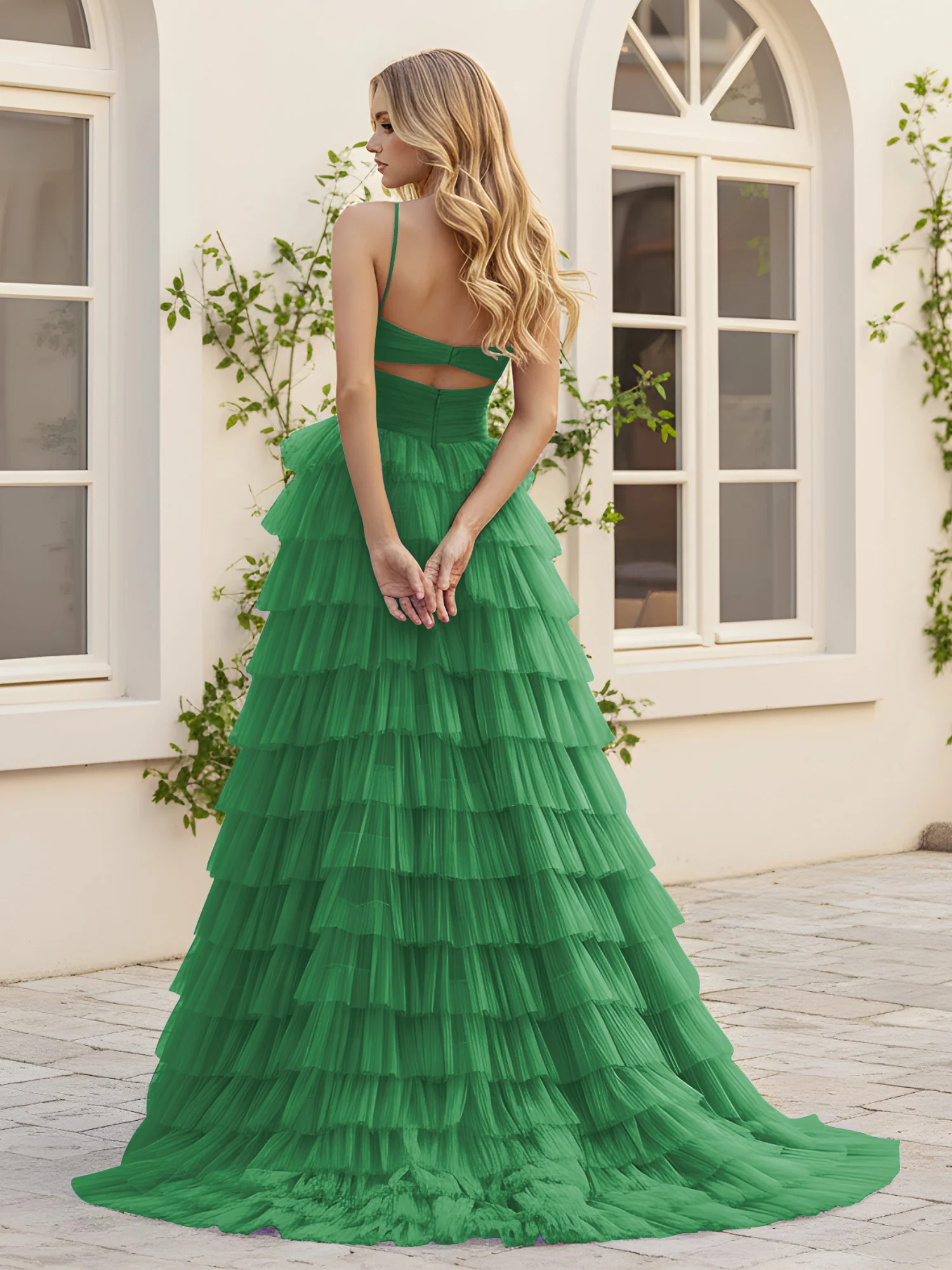 Sweetheart Neck Tiered Sweep Train Dress With Slit Emerald - Image 2