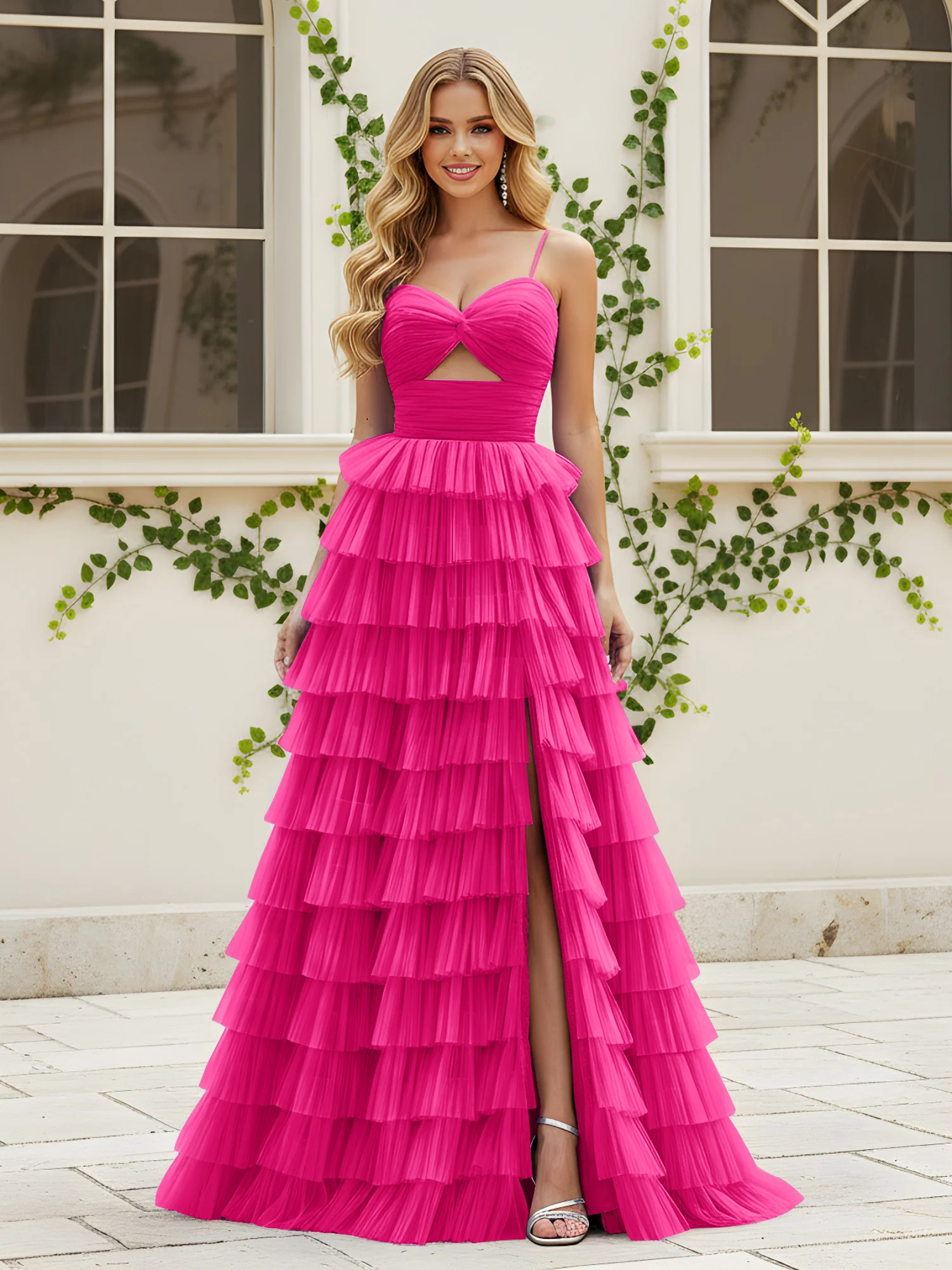 Sweetheart Neck Tiered Sweep Train Dress With Slit Fuchsia