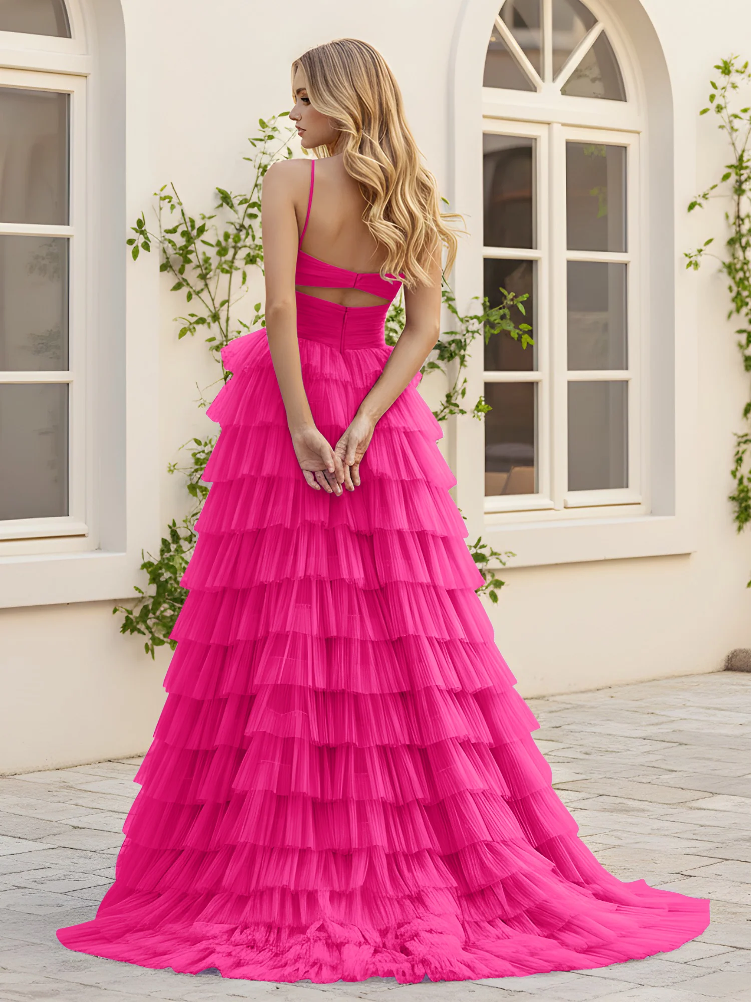 Sweetheart Neck Tiered Sweep Train Dress With Slit Fuchsia - Image 2