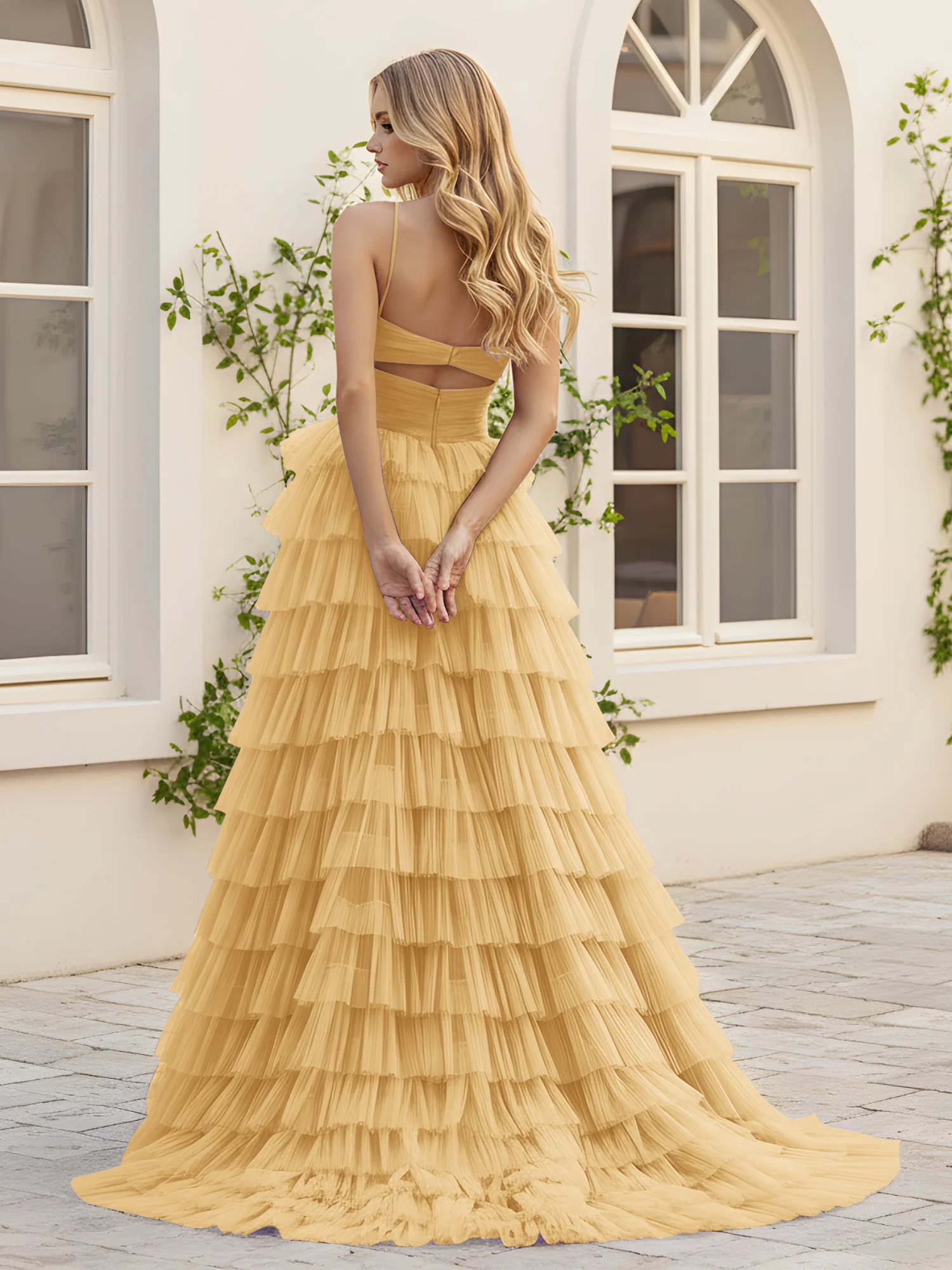 Sweetheart Neck Tiered Sweep Train Dress With Slit Gold - Image 2