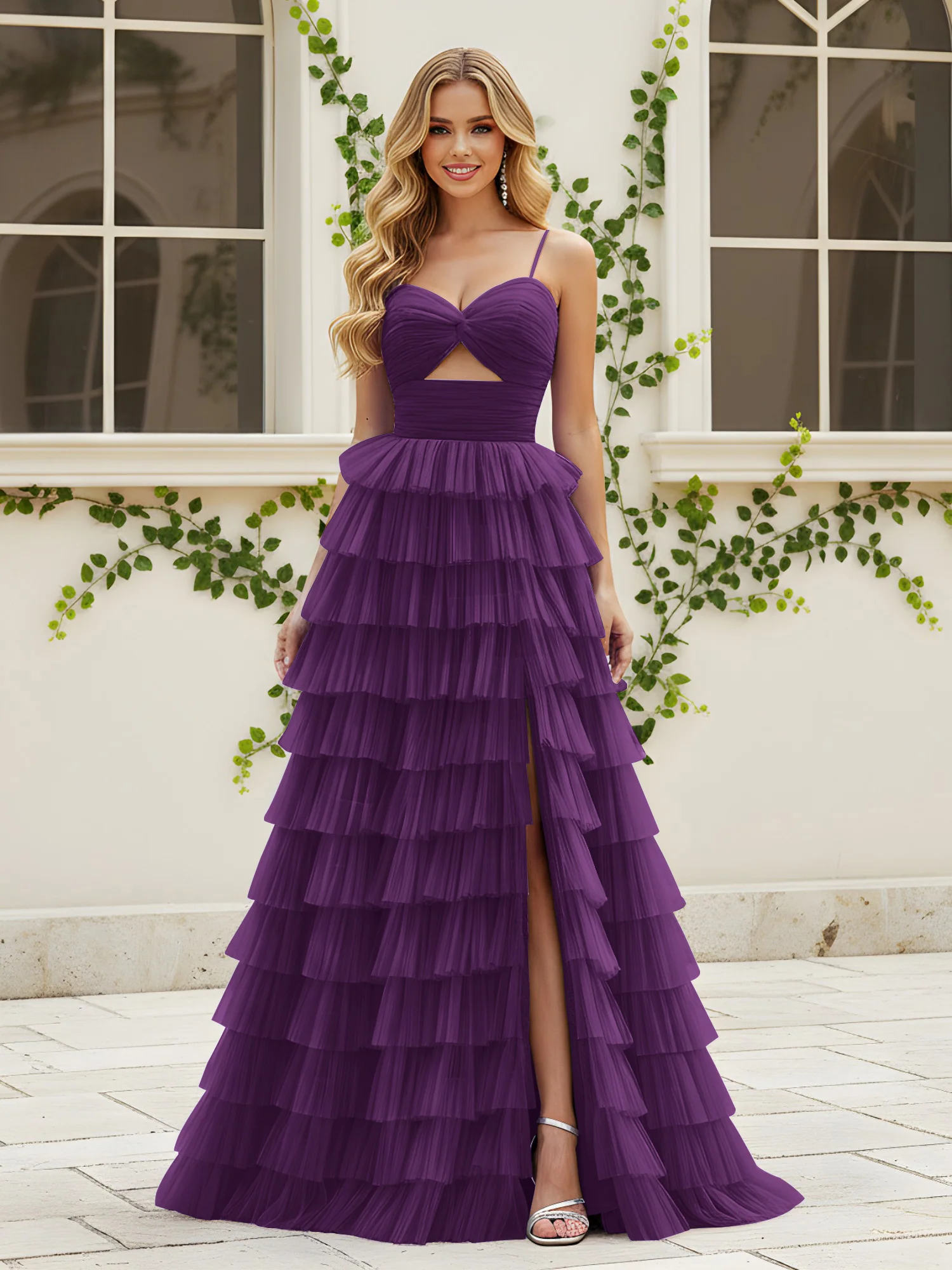 Sweetheart Neck Tiered Sweep Train Dress With Slit Grape