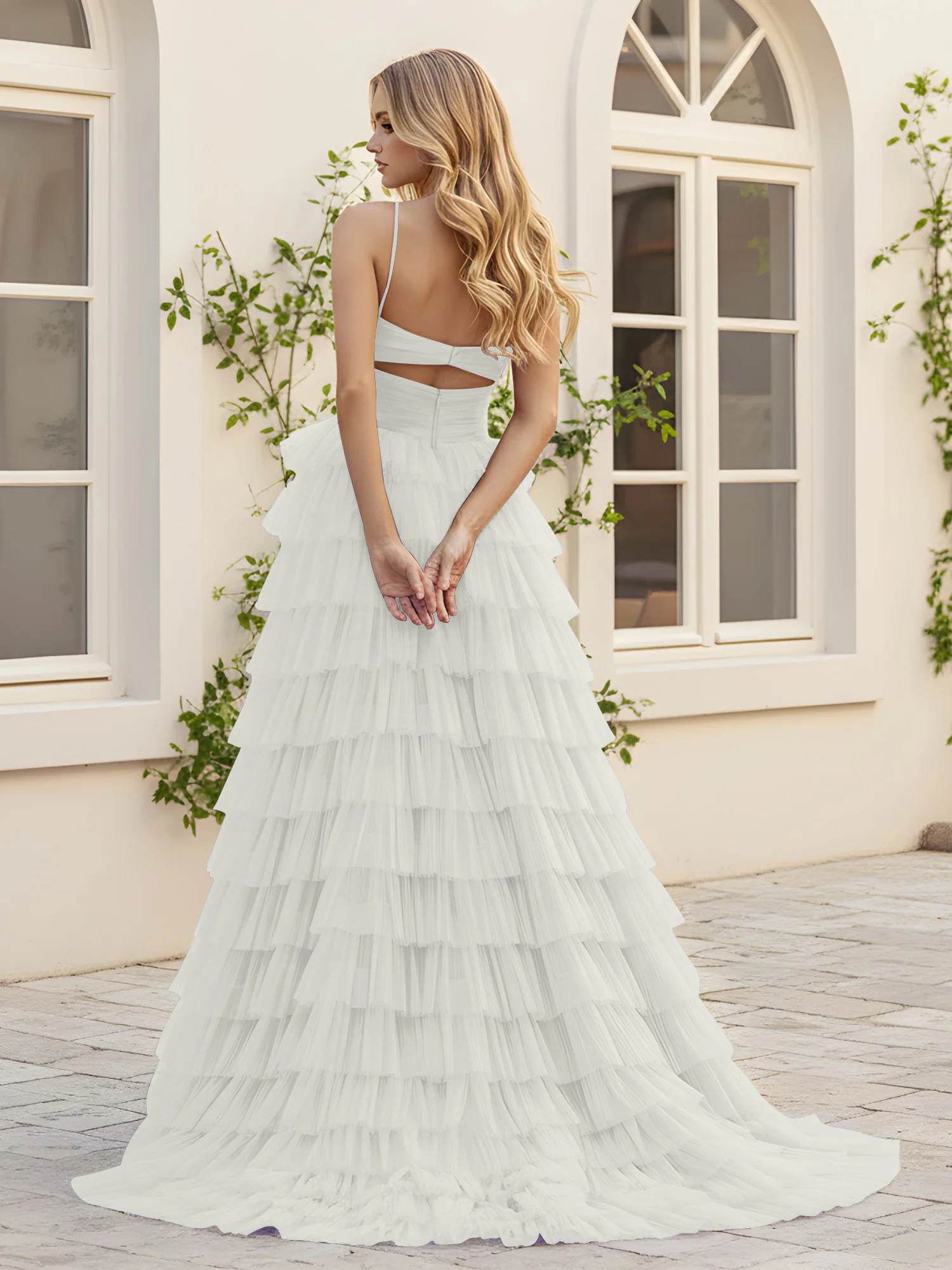 Sweetheart Neck Tiered Sweep Train Dress With Slit Ivory - Image 2