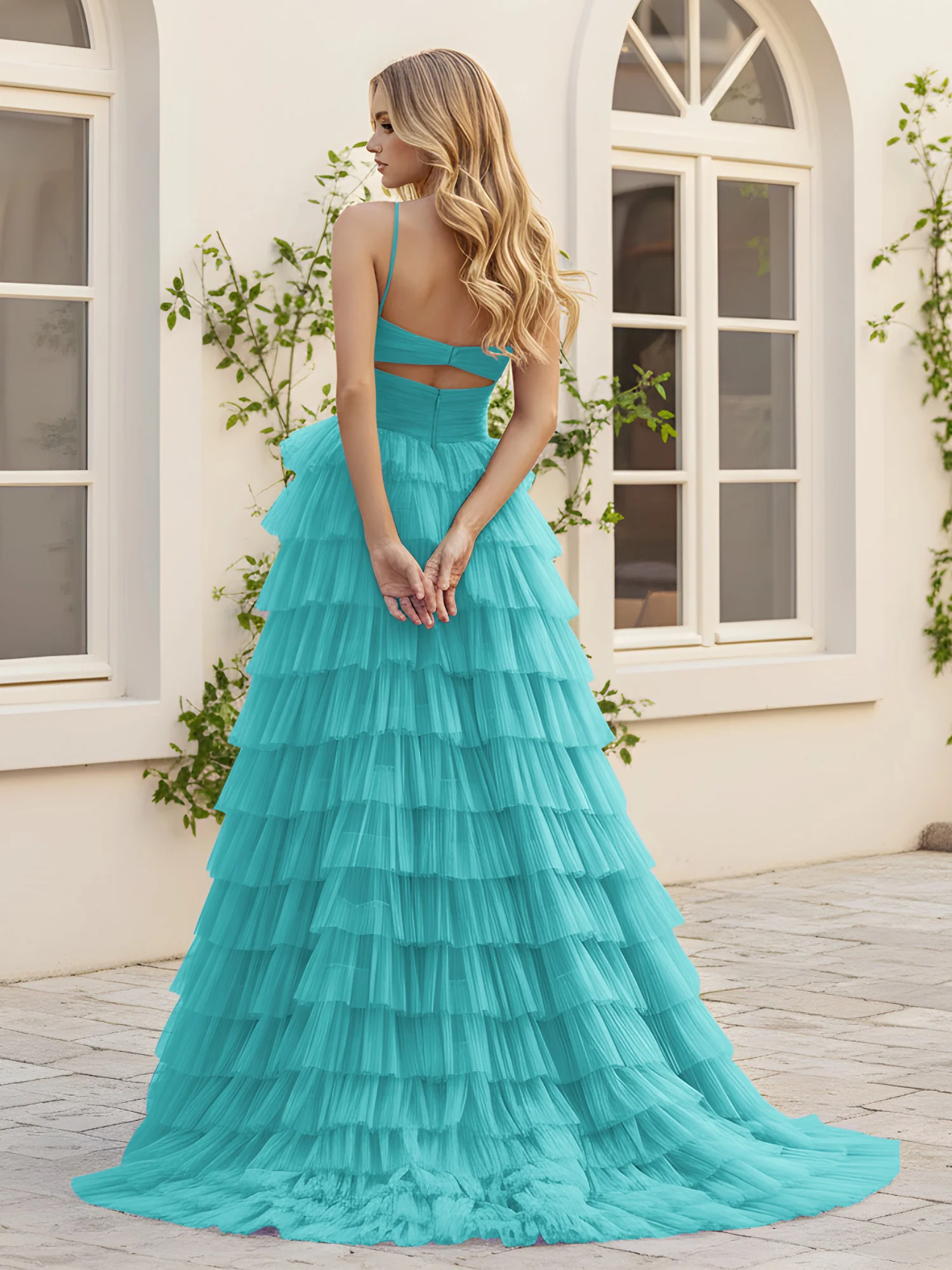 Sweetheart Neck Tiered Sweep Train Dress With Slit Jade - Image 2
